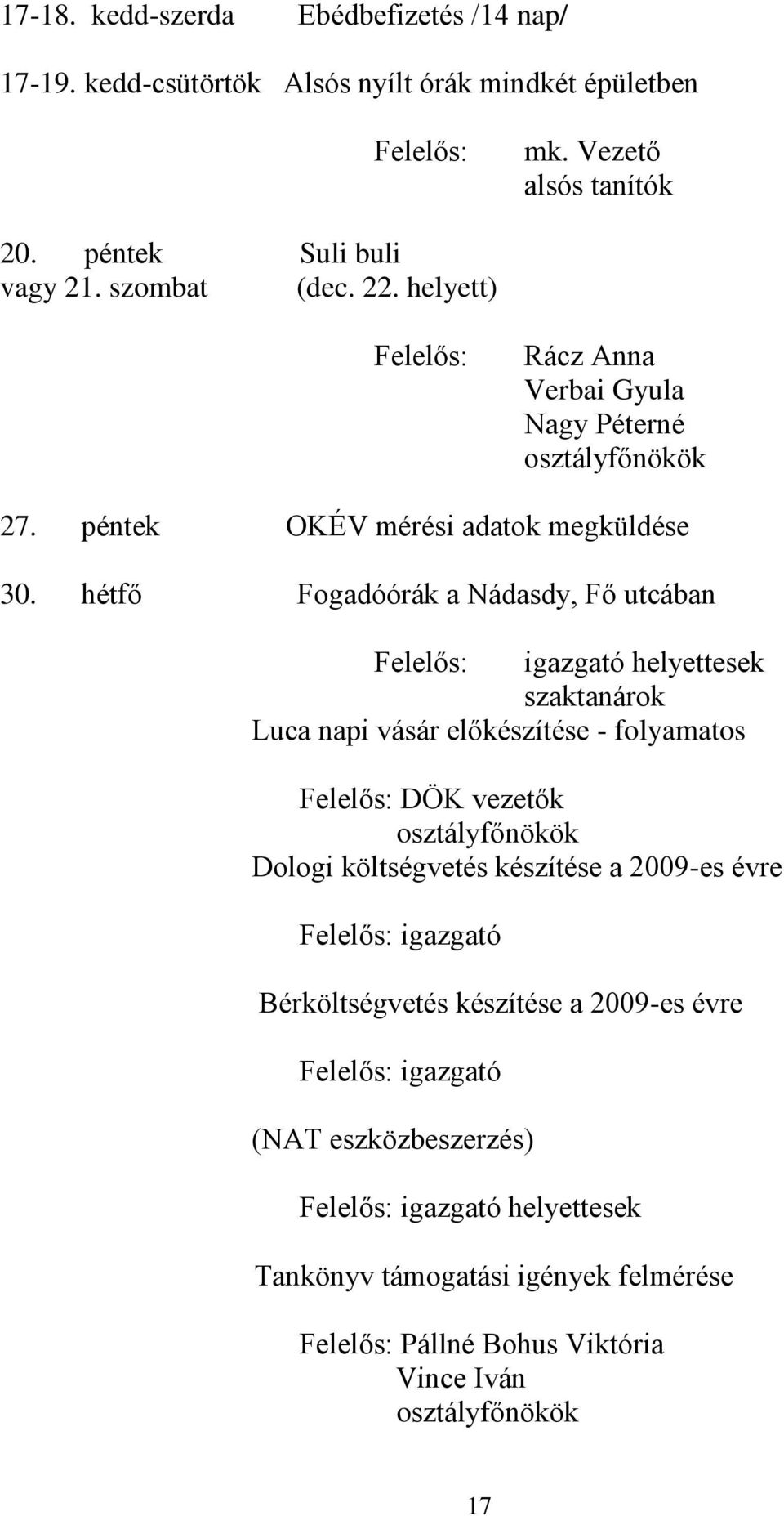 hétfő Fogadóórák a Nádasdy, Fő utcában helyettesek szaktanárok Luca napi vásár előkészítése - folyamatos DÖK vezetők osztályfőnökök Dologi költségvetés