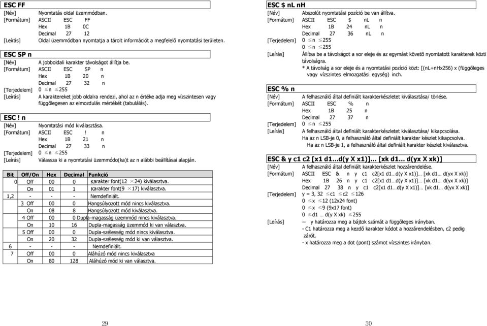 ASCII ESC SP n Hex 1B 20 n Decimal 27 32 n A karaktereket jobb oldalra rendezi, ahol az n értéke adja meg vízszintesen vagy függõlegesen az elmozdulás mértékét (tabulálás).