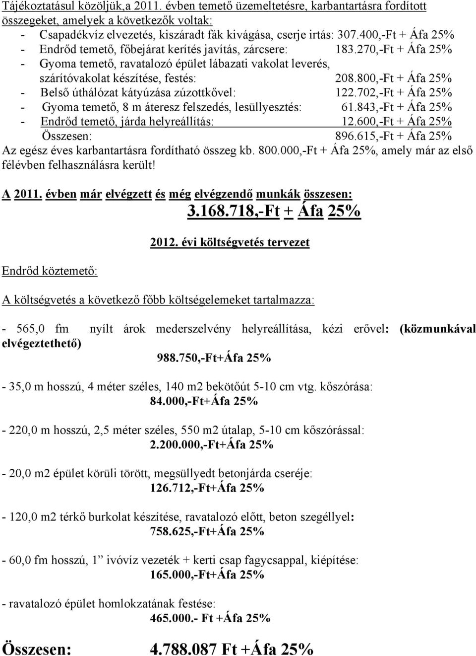 800,-Ft + Áfa 25% - Belső úthálózat kátyúzása zúzottkővel: 122.702,-Ft + Áfa 25% - Gyoma temető, 8 m áteresz felszedés, lesüllyesztés: 61.843,-Ft + Áfa 25% - Endrőd temető, járda helyreállítás: 12.