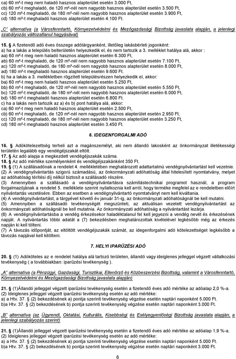 C alternatíva (a Városfenntartó, Környezetvédelmi és Mezőgazdasági Bizottság javaslata alapján, a jelenlegi szabályozás változatlanul hagyásával) 15.