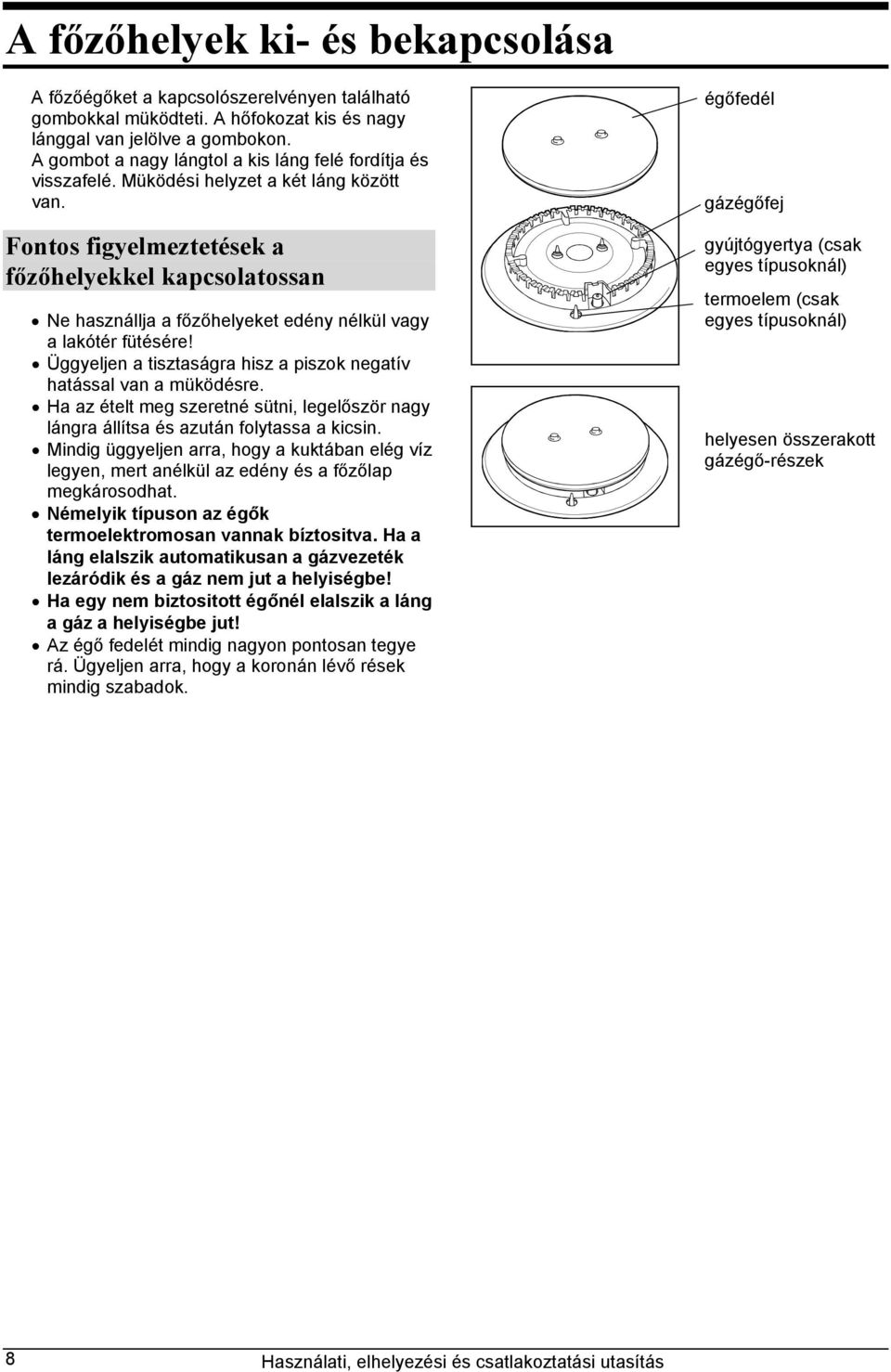 Fontos figyelmeztetések a főzőhelyekkel kapcsolatossan Ne használlja a főzőhelyeket edény nélkül vagy a lakótér fütésére! Üggyeljen a tisztaságra hisz a piszok negatív hatással van a müködésre.