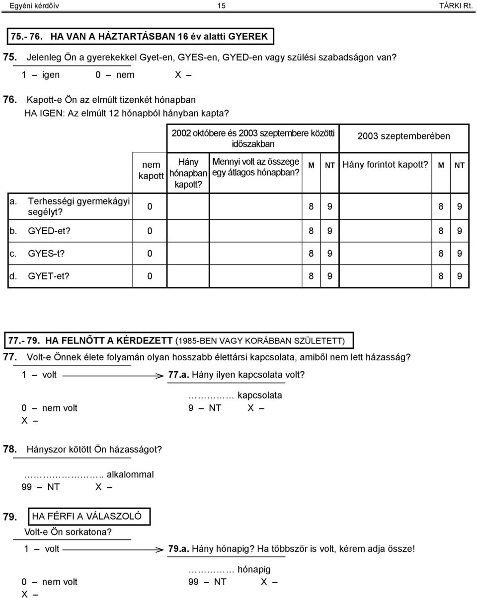 nem kapott Hány hónapban kapott? Mennyi volt az összege egy átlagos hónapban? M NT Hány forintot kapott? M NT 0 8 9 8 9 b. GYED-et? 0 8 9 8 9 c. GYES-t? 0 8 9 8 9 d. GYET-et? 0 8 9 8 9 77.- 79.