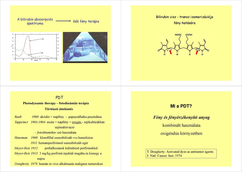 hemolizise 1911: hematoporfirinnel szenzibilizált egér Meyer-Betz 1912: próbálkozások különböző porfirinekkel Meyer-Betz 1913: 3 mg/kg porfirint injektál magába és kimegy a napra Dougherty 1978: