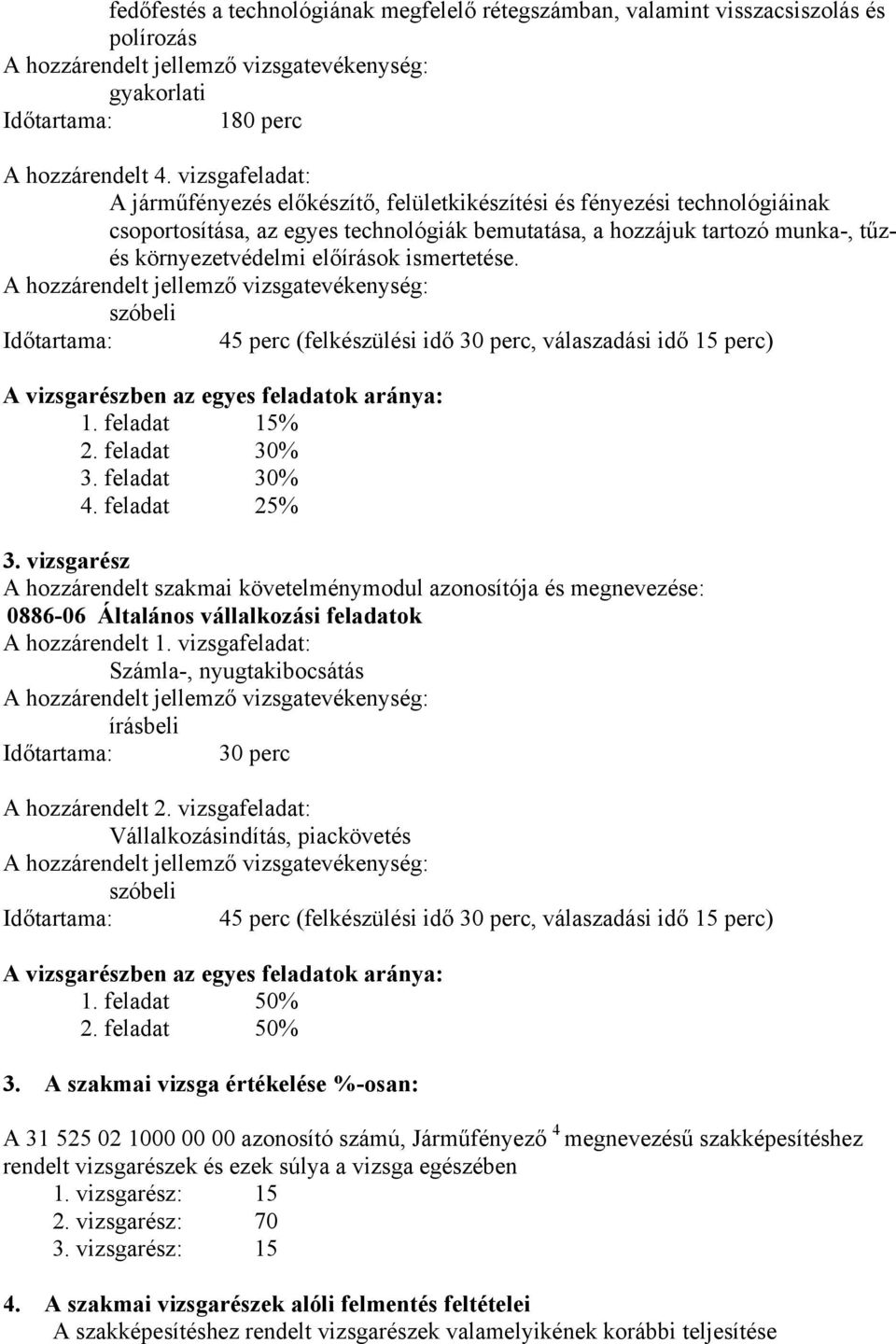 előírások ismertetése. szóbeli Időtartama: 45 perc (felkészülési idő 30 perc, válaszadási idő 15 perc) A vizsgarészben az egyes feladatok aránya: 1. feladat 15% 2. feladat 30% 3. feladat 30% 4.