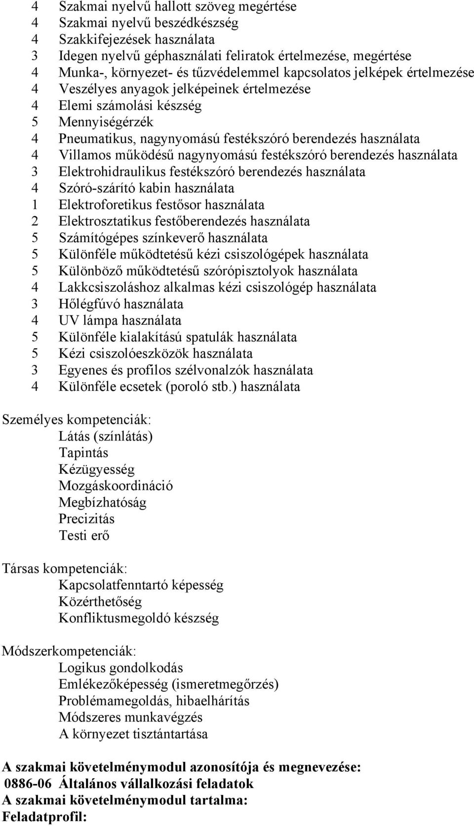 Villamos működésű nagynyomású festékszóró berendezés használata 3 Elektrohidraulikus festékszóró berendezés használata 4 Szóró-szárító kabin használata 1 Elektroforetikus festősor használata 2