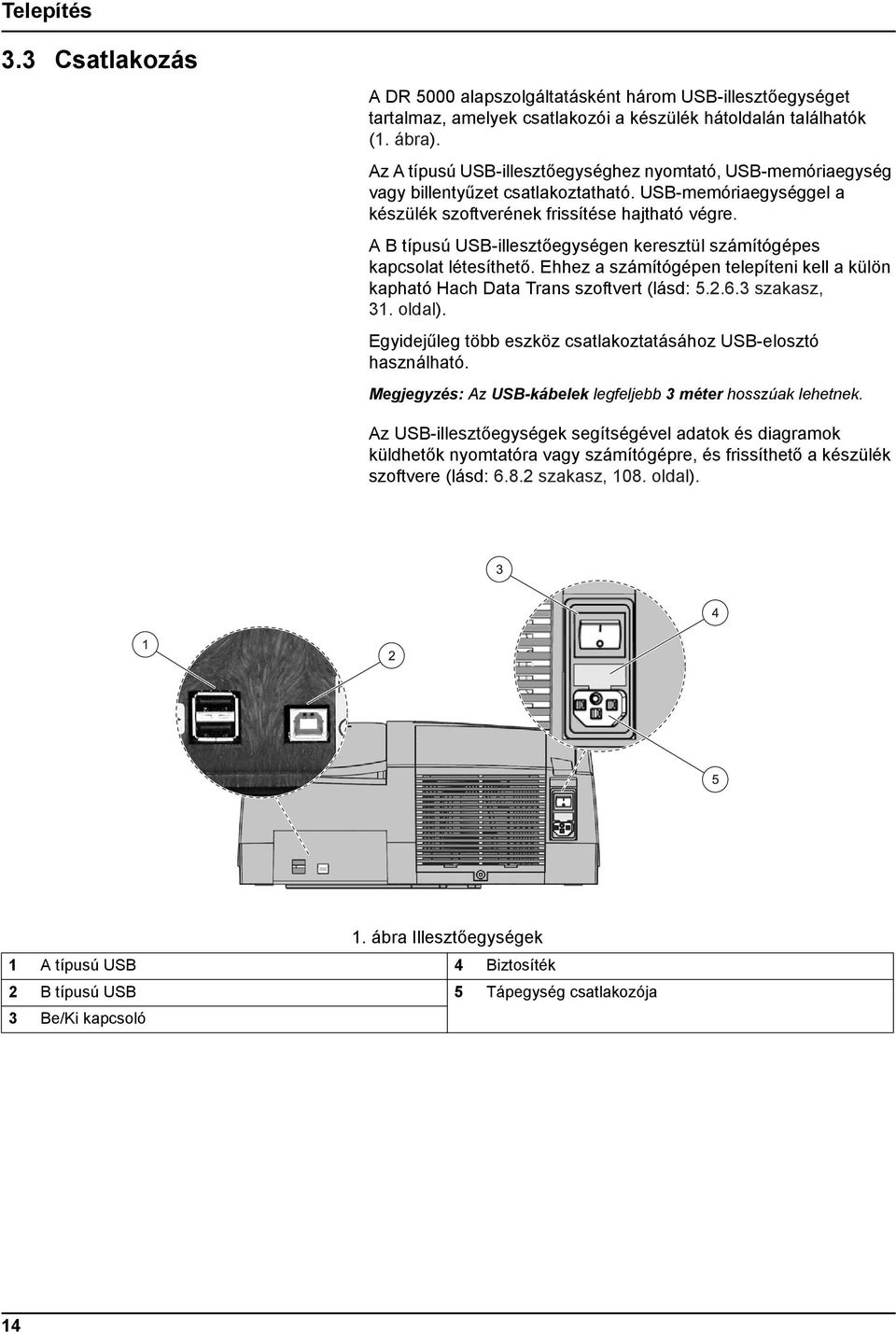 A B típusú USB-illesztőegységen keresztül számítógépes kapcsolat létesíthető. Ehhez a számítógépen telepíteni kell a külön kapható Hach Data Trans szoftvert (lásd: 5.2.6.3 szakasz, 31. oldal).