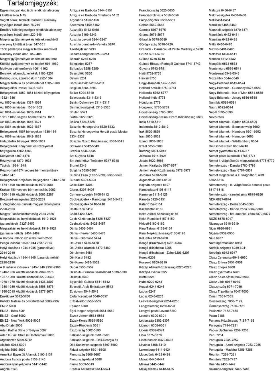 409-690 Külföldi gyűjtemények és tételek 691-1060 Motívum gyűjtemények 1061-1162 Berakók, albumok, kellékek 1163-1251 Katalógusok, szakirodalom 1252-1304 Magyar filatélia és postatörténet 1305-3768