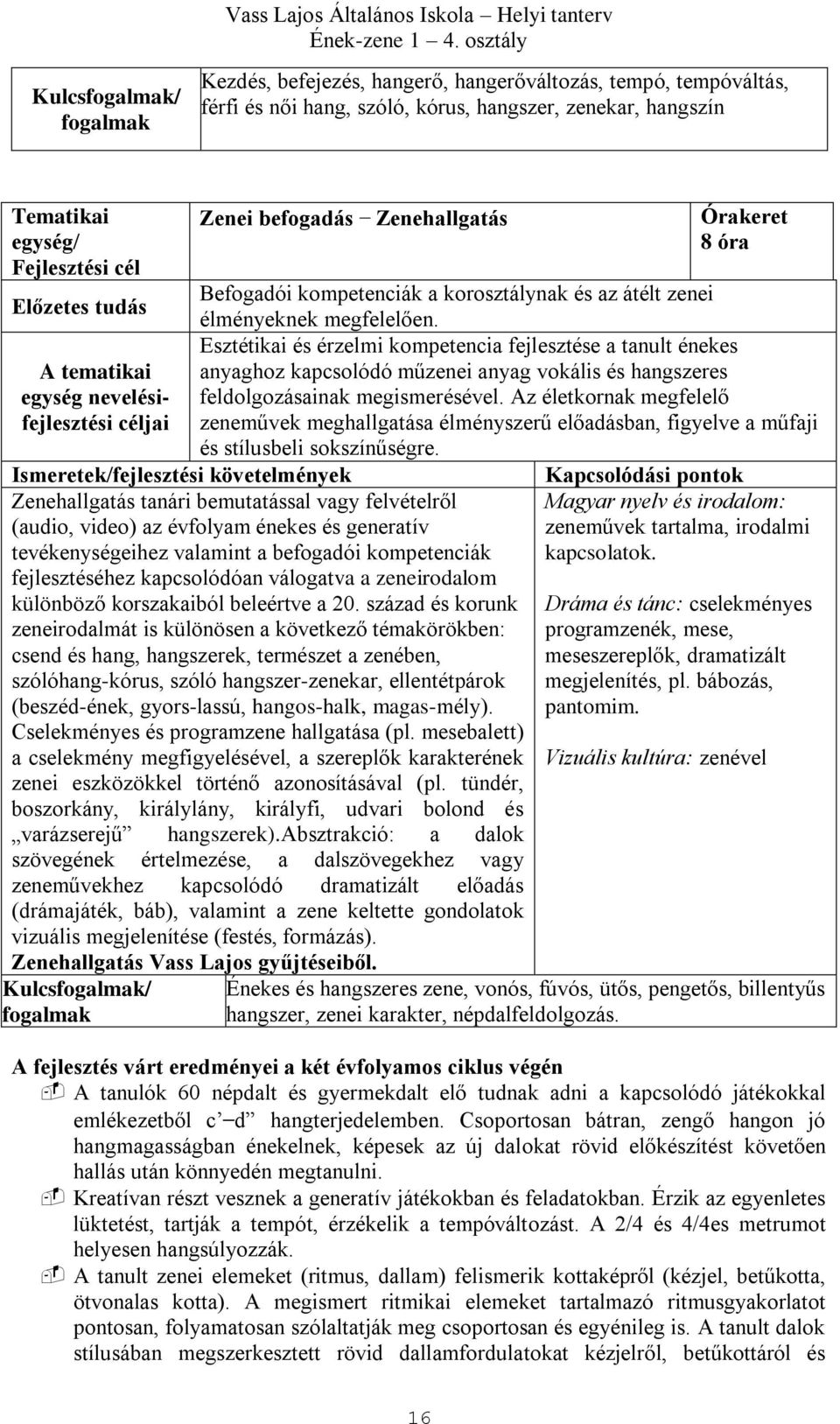 Esztétikai és érzelmi kompetencia fejlesztése a tanult énekes A tematikai egység nevelésifejlesztési céljai anyaghoz kapcsolódó műzenei anyag vokális és hangszeres feldolgozásainak megismerésével.