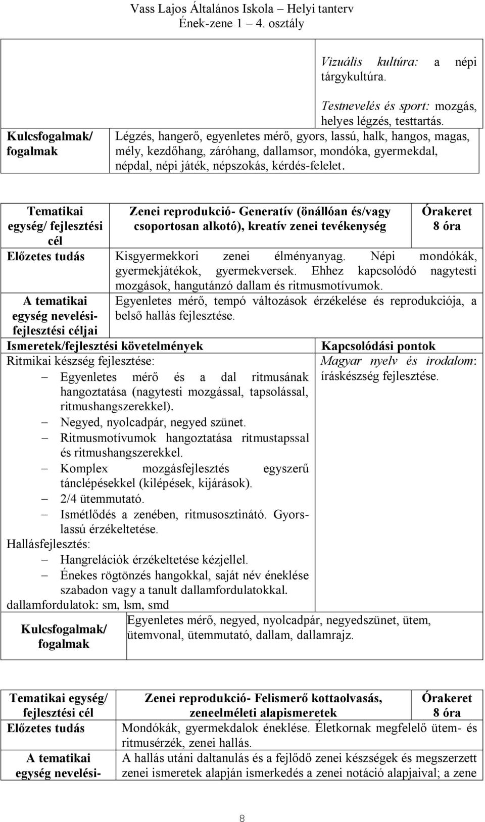 Tematikai egység/ fejlesztési cél Zenei reprodukció- Generatív (önállóan és/vagy csoportosan alkotó), kreatív zenei tevékenység Kisgyermekkori zenei élményanyag.