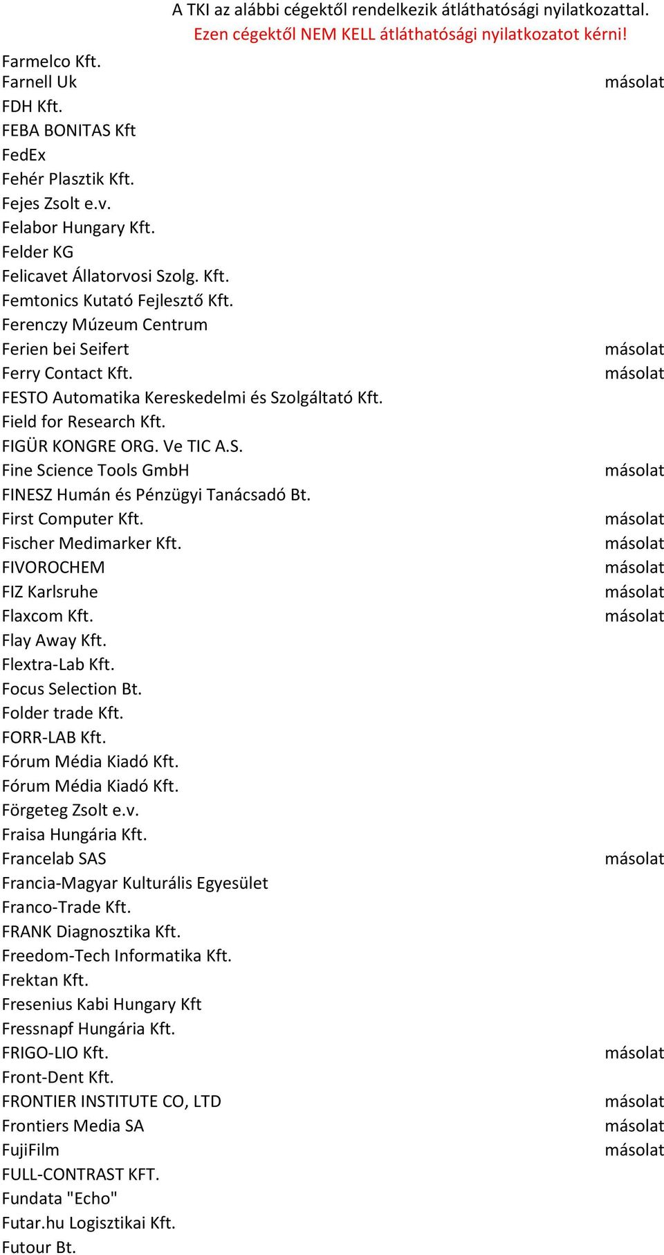 First Computer Kft. Fischer Medimarker Kft. FIVOROCHEM FIZ Karlsruhe Flaxcom Kft. Flay Away Kft. Flextra-Lab Kft. Focus Selection Bt. Folder trade Kft. FORR-LAB Kft. Fórum Média Kiadó Kft.