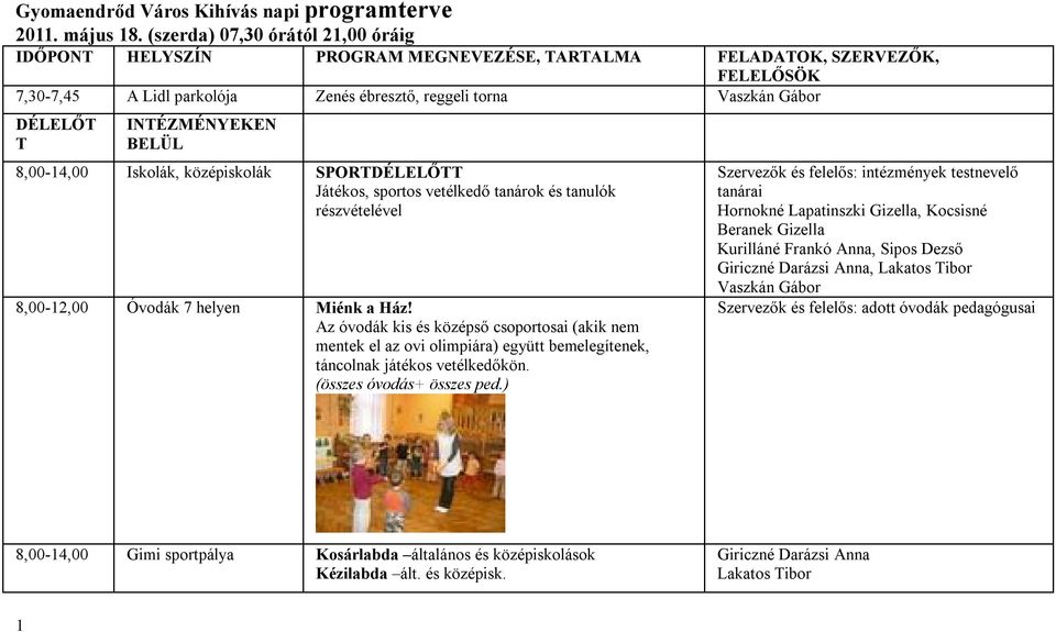 BELÜL 8,00-14,00 Iskolák, középiskolák SPORTDÉLELŐTT Játékos, sportos vetélkedő tanárok és tanulók részvételével 8,00-12,00 Óvodák 7 helyen Miénk a Ház!