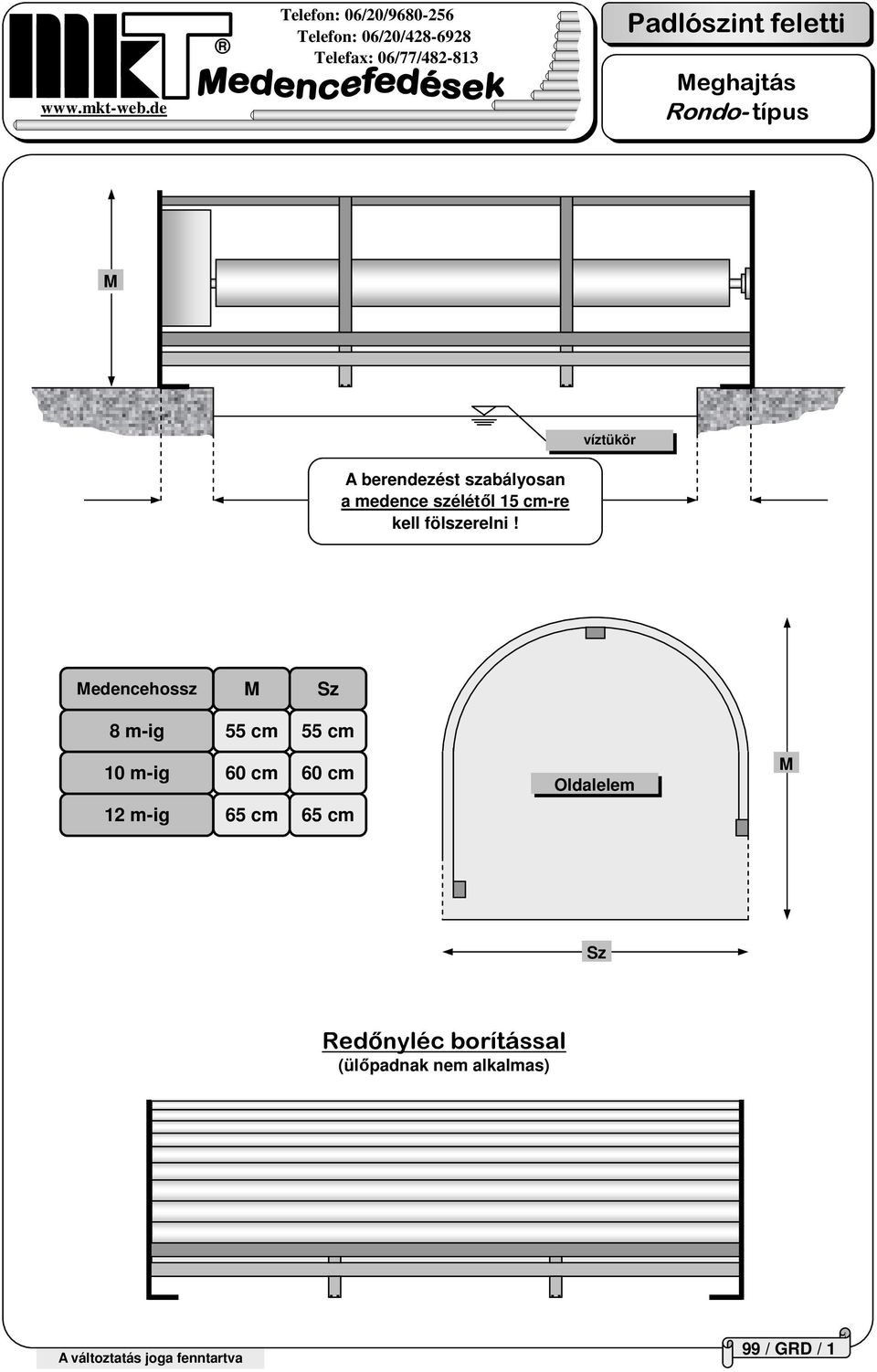 edencehossz 8 m-ig 55 cm 55 cm 60 cm 60 cm Oldalelem