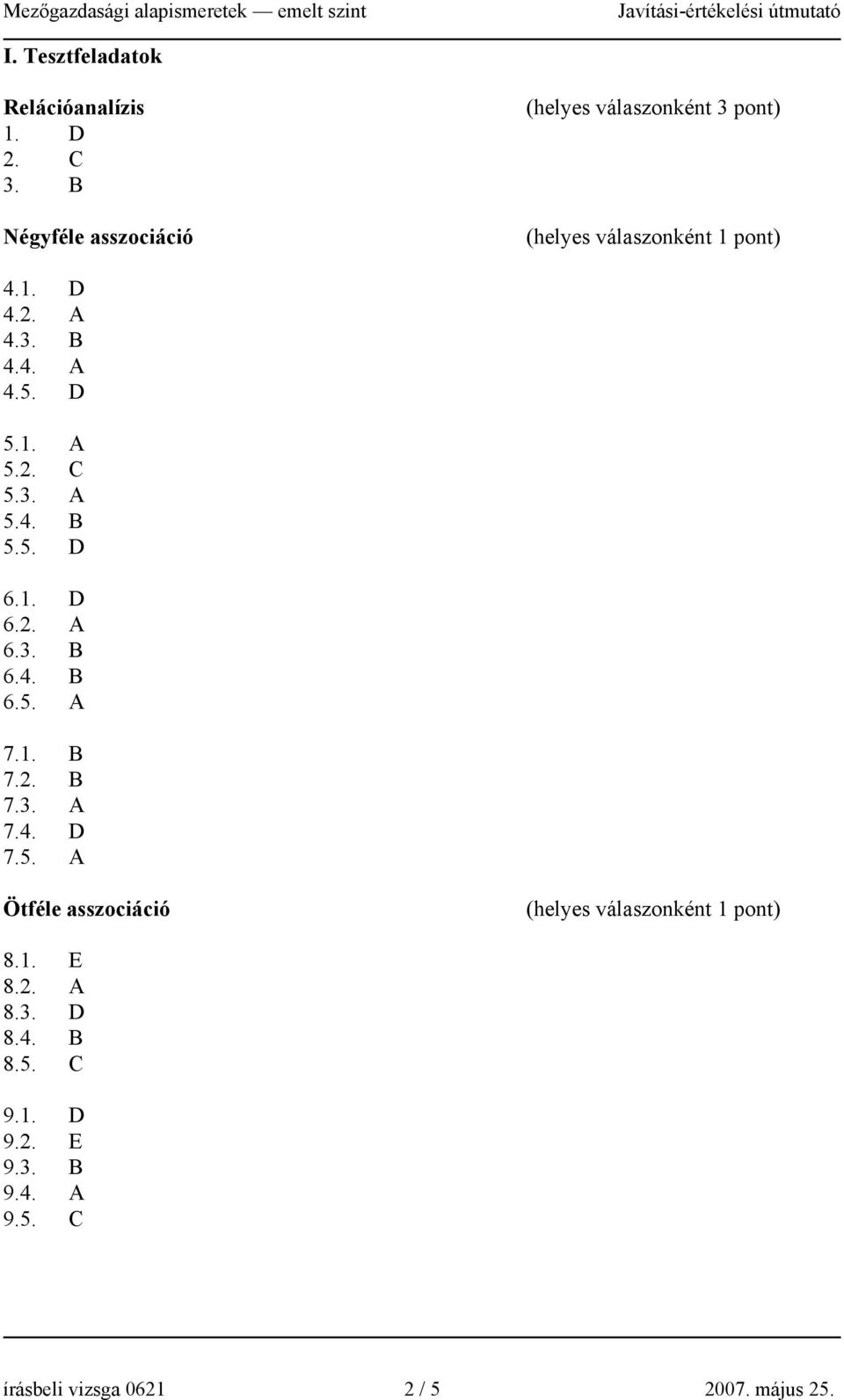 D 5.1. A 5.2. C 5.3. A 5.4. B 5.5. D 6.1. D 6.2. A 6.3. B 6.4. B 6.5. A 7.1. B 7.2. B 7.3. A 7.4. D 7.5. A Ötféle asszociáció (helyes válaszonként 1 pont) 8.