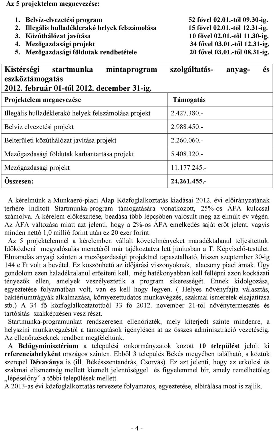 február 01-tıl 2012. december 31-ig. Projektelem megnevezése Támogatás Illegális hulladéklerakó helyek felszámolása projekt 2.427.380.- Belvíz elvezetési projekt 2.988.450.