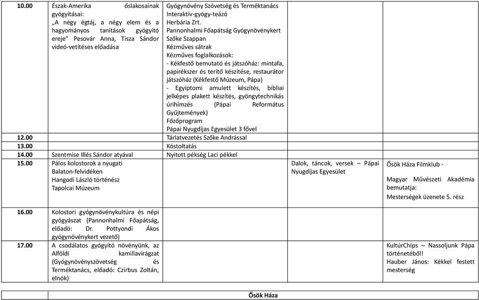 00 Szentmise Illés Sándor atyával Nyitott pékség Laci pékkel 15.00 Pálos kolostorok a nyugati Balaton-felvidéken Hangodi László történész Tapolcai Múzeum 16.