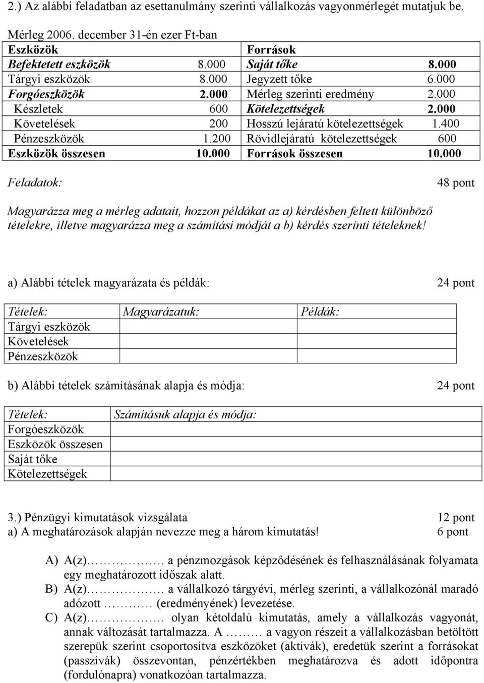400 Pénzeszközök 1.200 Rövidlejáratú kötelezettségek 600 Eszközök összesen 10.000 Források összesen 10.