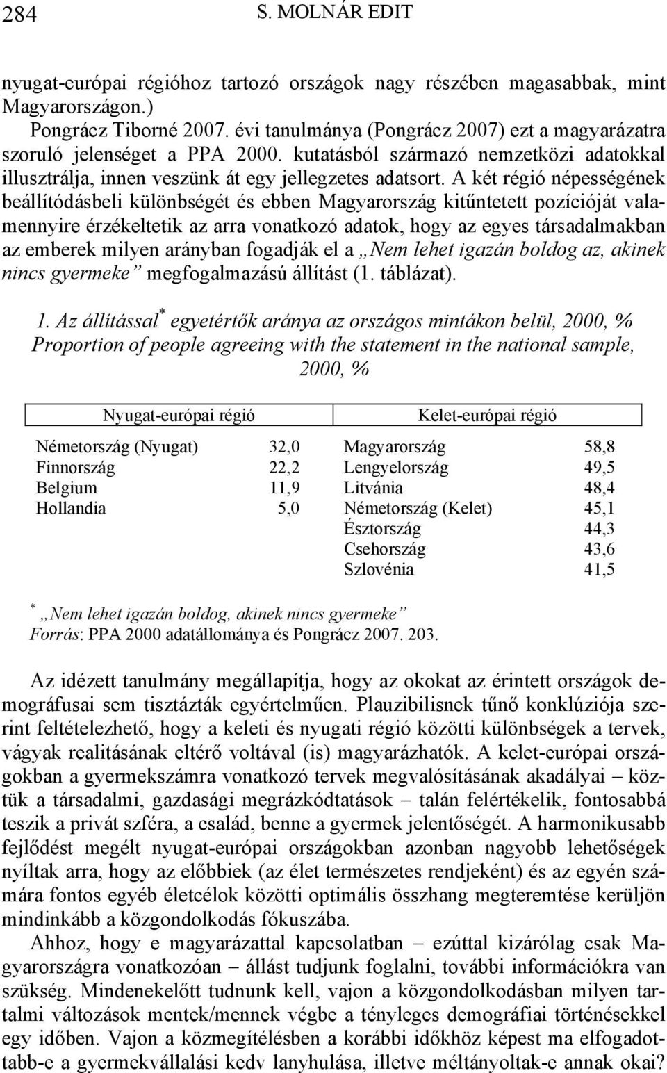 A két régió népességének beállítódásbeli különbségét és ebben Magyarország kitűntetett pozícióját valamennyire érzékeltetik az arra vonatkozó adatok, hogy az egyes társadalmakban az emberek milyen
