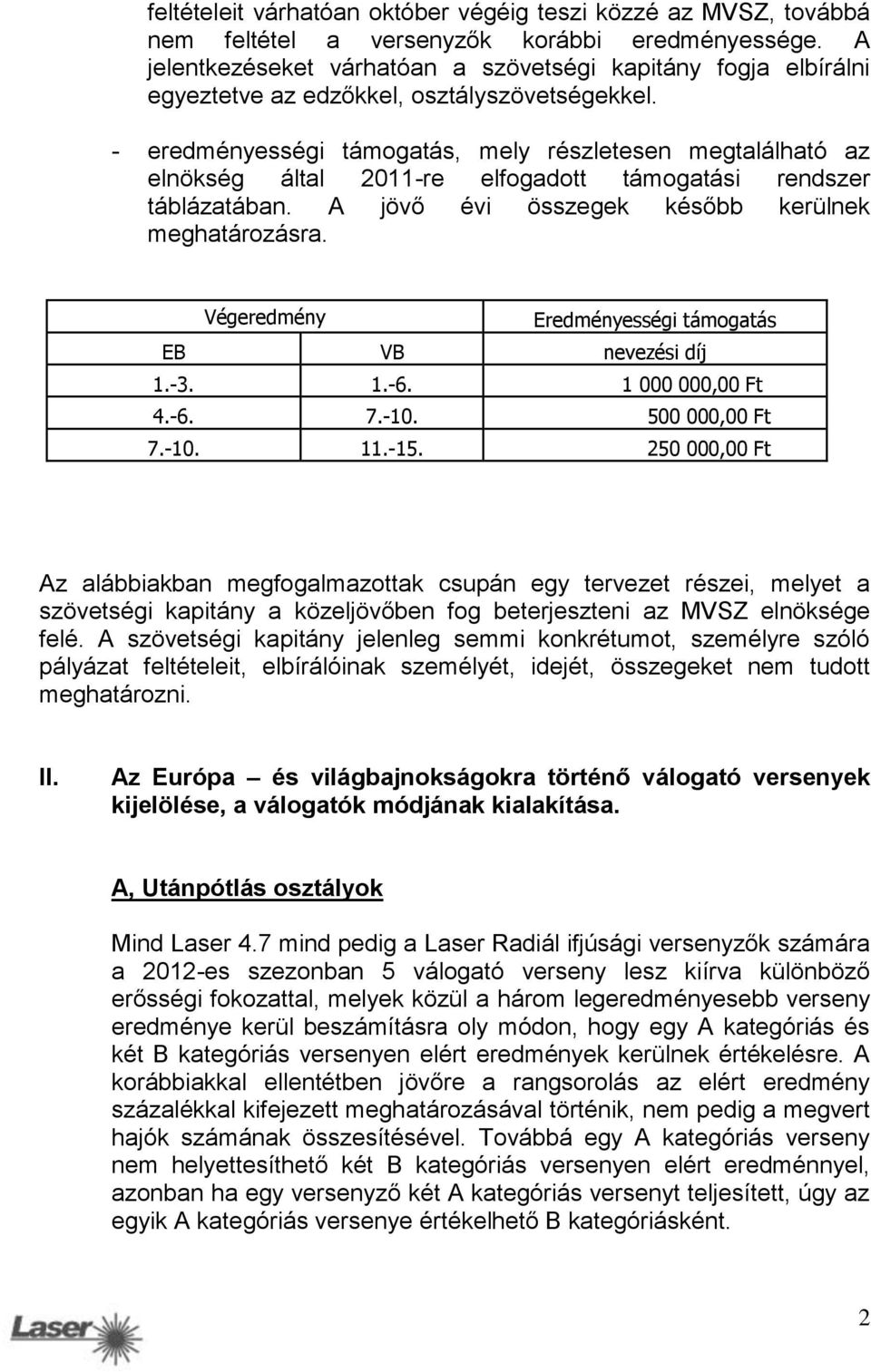 - eredményességi támogatás, mely részletesen megtalálható az elnökség által 2011-re elfogadott támogatási rendszer táblázatában. A jövő évi összegek később kerülnek meghatározásra.