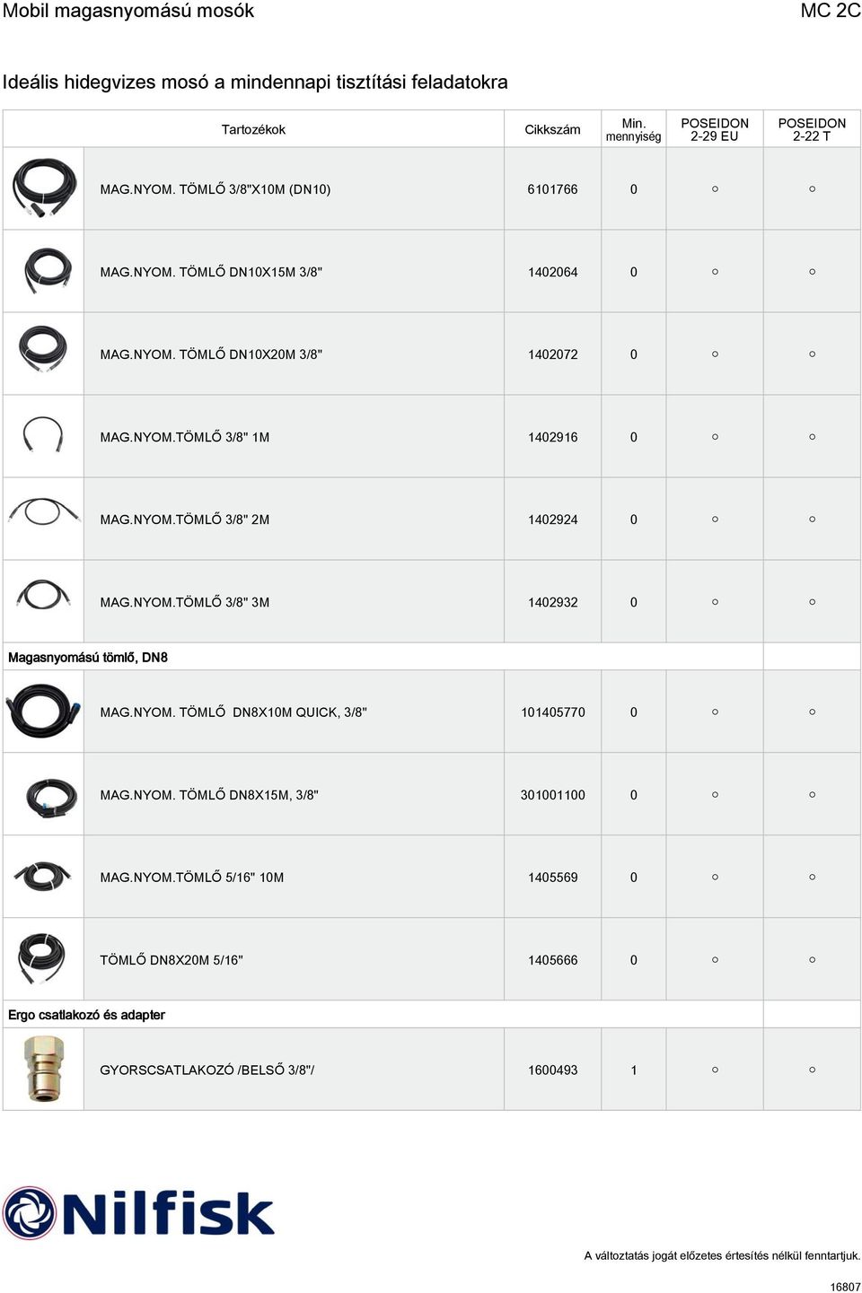 NYOM. TÖMLŐ DN8X10M QUICK, 3/8" 101405770 0 MAG.NYOM. TÖMLŐ DN8X15M, 3/8" 301001100 0 MAG.NYOM.TÖMLŐ 5/16" 10M