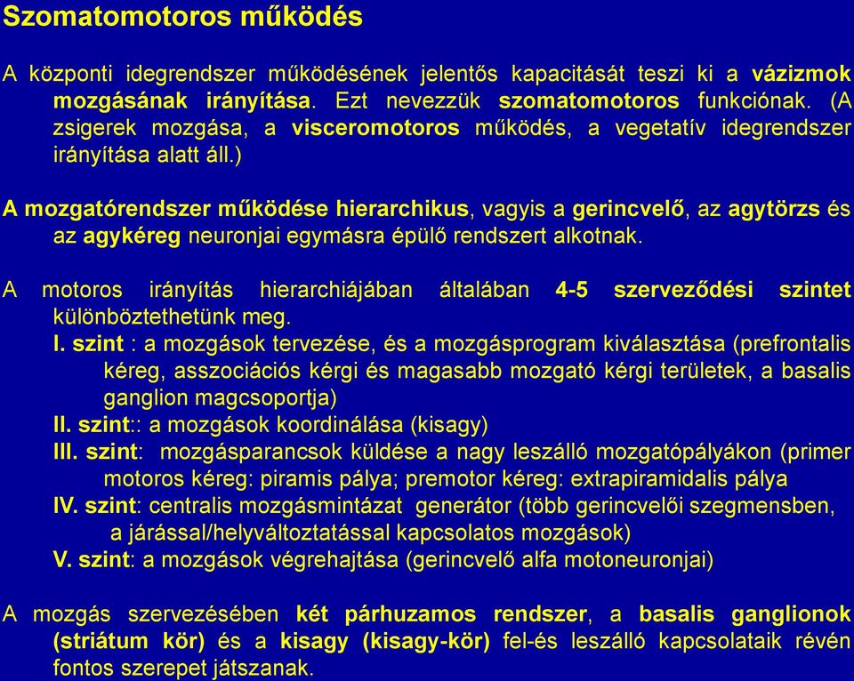 ) A mozgatórendszer működése hierarchikus, vagyis a gerincvelő, az agytörzs és az agykéreg neuronjai egymásra épülő rendszert alkotnak.