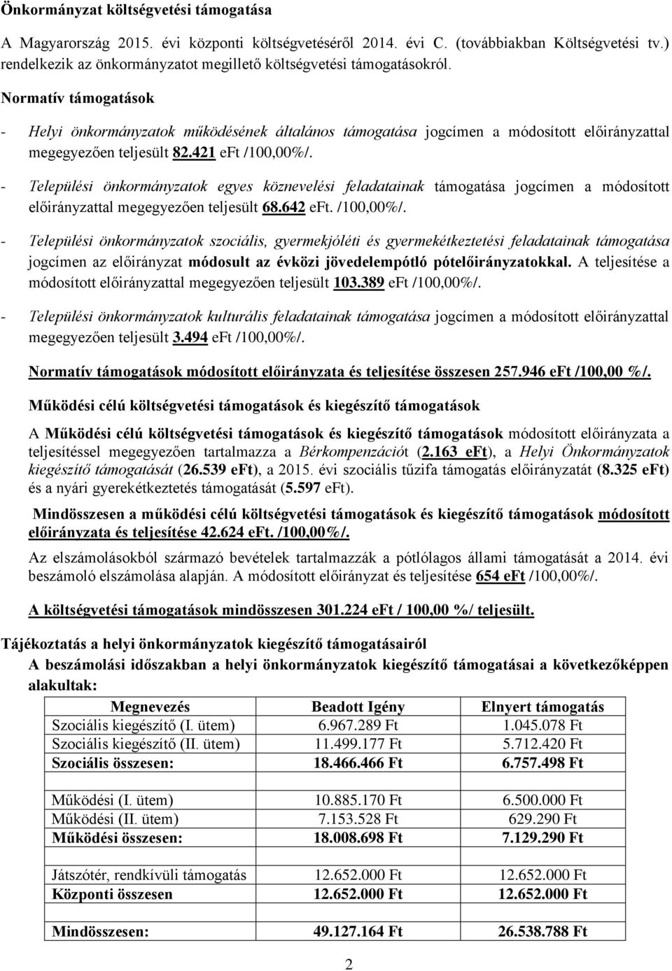 Normatív támogatások - Helyi önkormányzatok működésének általános támogatása jogcímen a módosított előirányzattal megegyezően teljesült 82.421 eft /100,00%/.