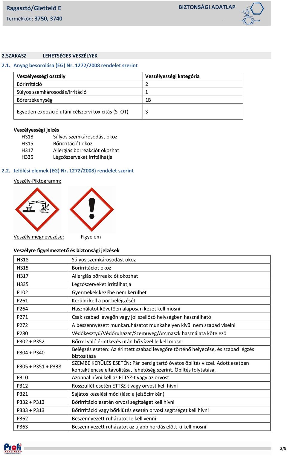 Veszélyességi jelzés H318 Súlyos szemkárosodást okoz H315 Bőrirritációt okoz H317 Allergiás bőrreakciót okozhat H335 Légzőszerveket irritálhatja 2.2. Jelölési elemek (EG) Nr.