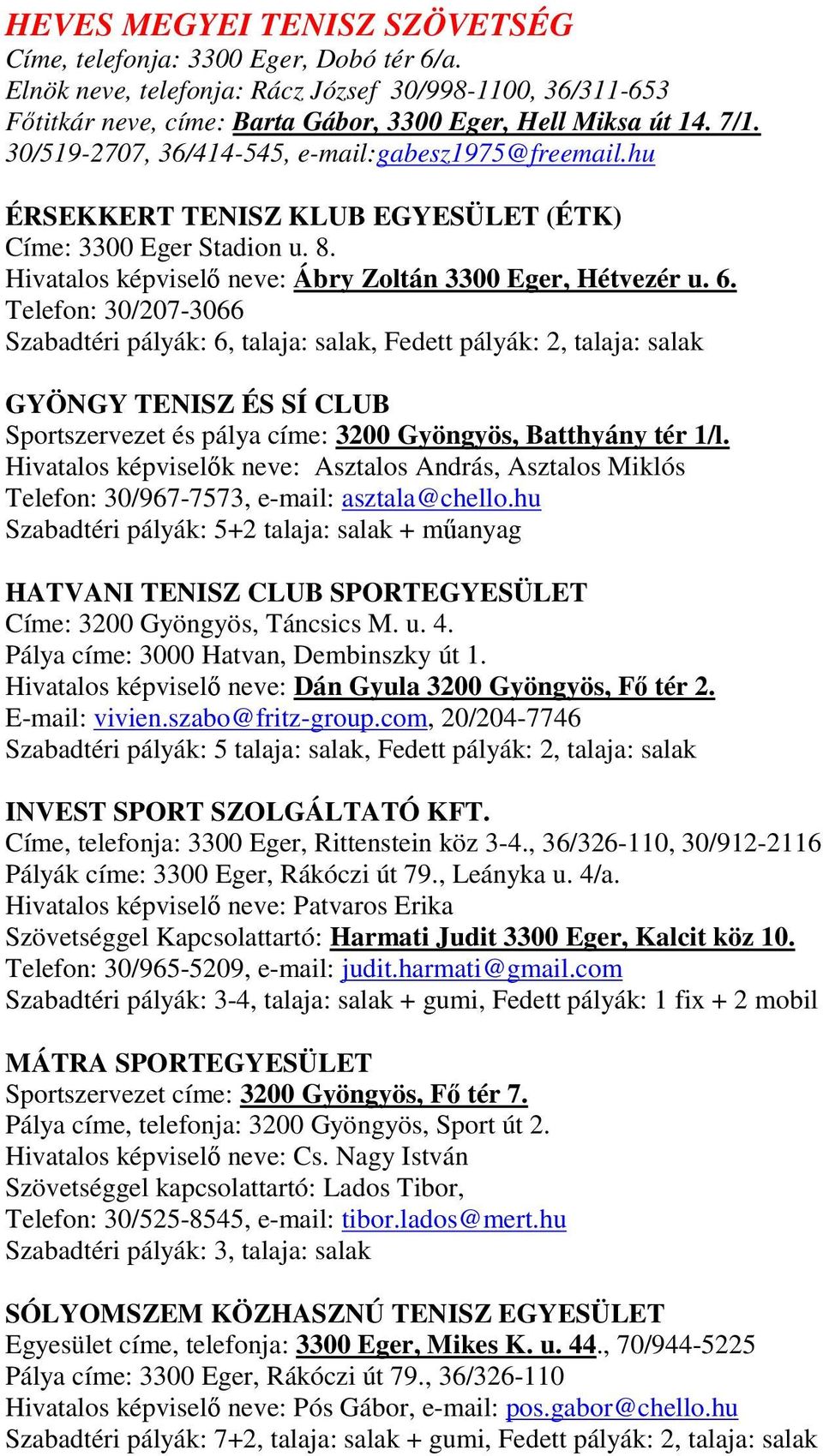 Telefon: 30/207-3066 Szabadtéri pályák: 6, talaja: salak, Fedett pályák: 2, talaja: salak GYÖNGY TENISZ ÉS SÍ CLUB Sportszervezet és pálya címe: 3200 Gyöngyös, Batthyány tér 1/l.