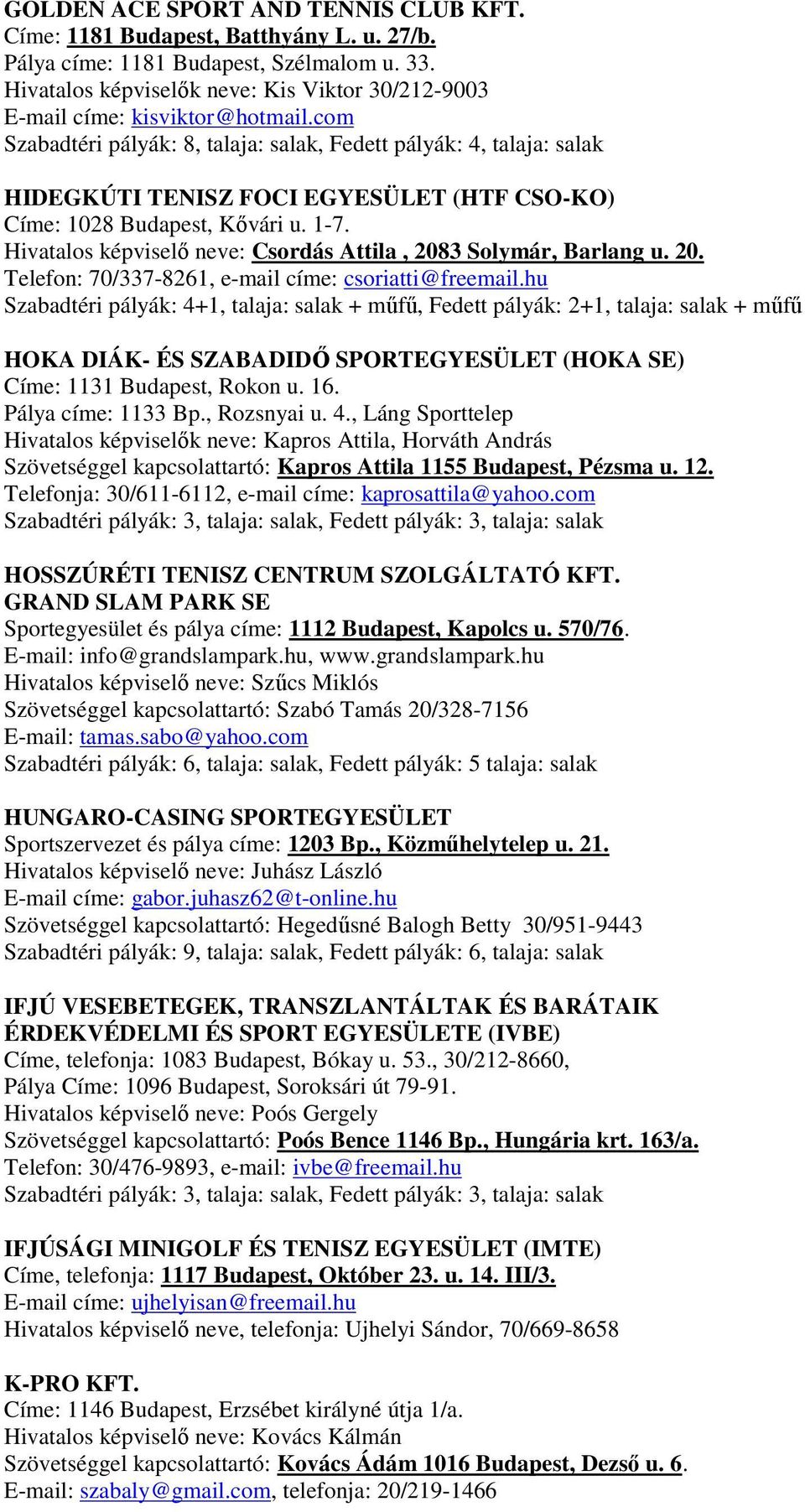 com Szabadtéri pályák: 8, talaja: salak, Fedett pályák: 4, talaja: salak HIDEGKÚTI TENISZ FOCI EGYESÜLET (HTF CSO-KO) Címe: 1028 Budapest, Kővári u. 1-7.