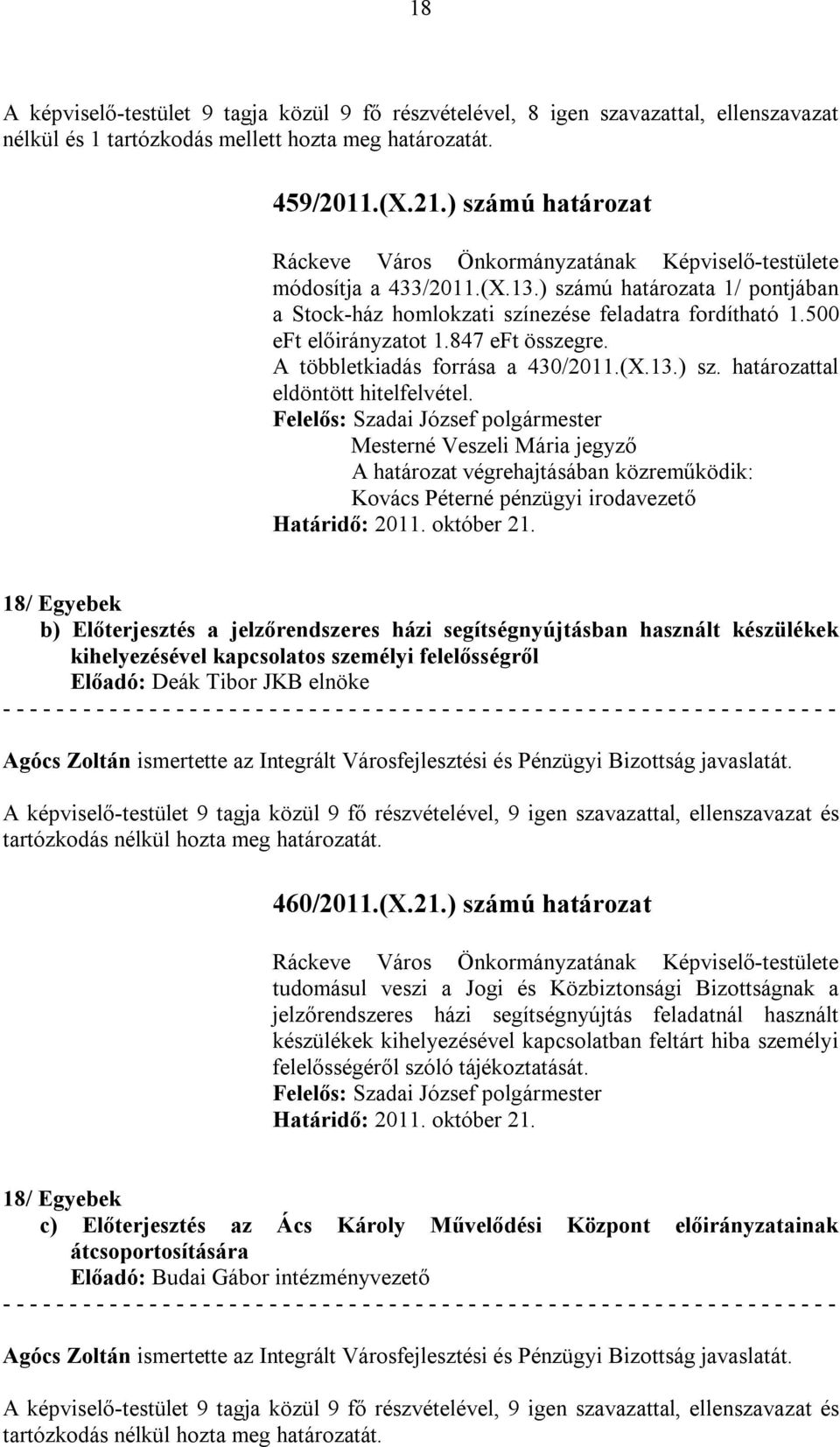 500 eft előirányzatot 1.847 eft összegre. A többletkiadás forrása a 430/2011.(X.13.) sz. határozattal eldöntött hitelfelvétel. Kovács Péterné pénzügyi irodavezető Határidő: 2011. október 21.