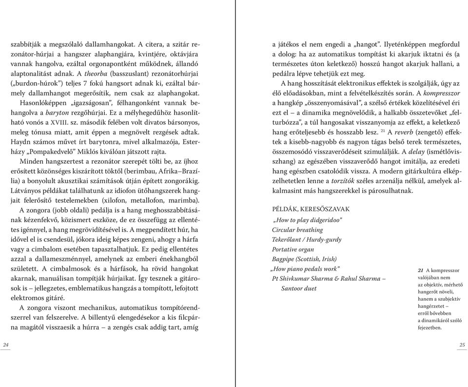 A theorba (basszuslant) rezonátorhúrjai ( burdon-húrok ) teljes 7 fokú hangsort adnak ki, ezáltal bármely dallamhangot megerősítik, nem csak az alaphangokat.