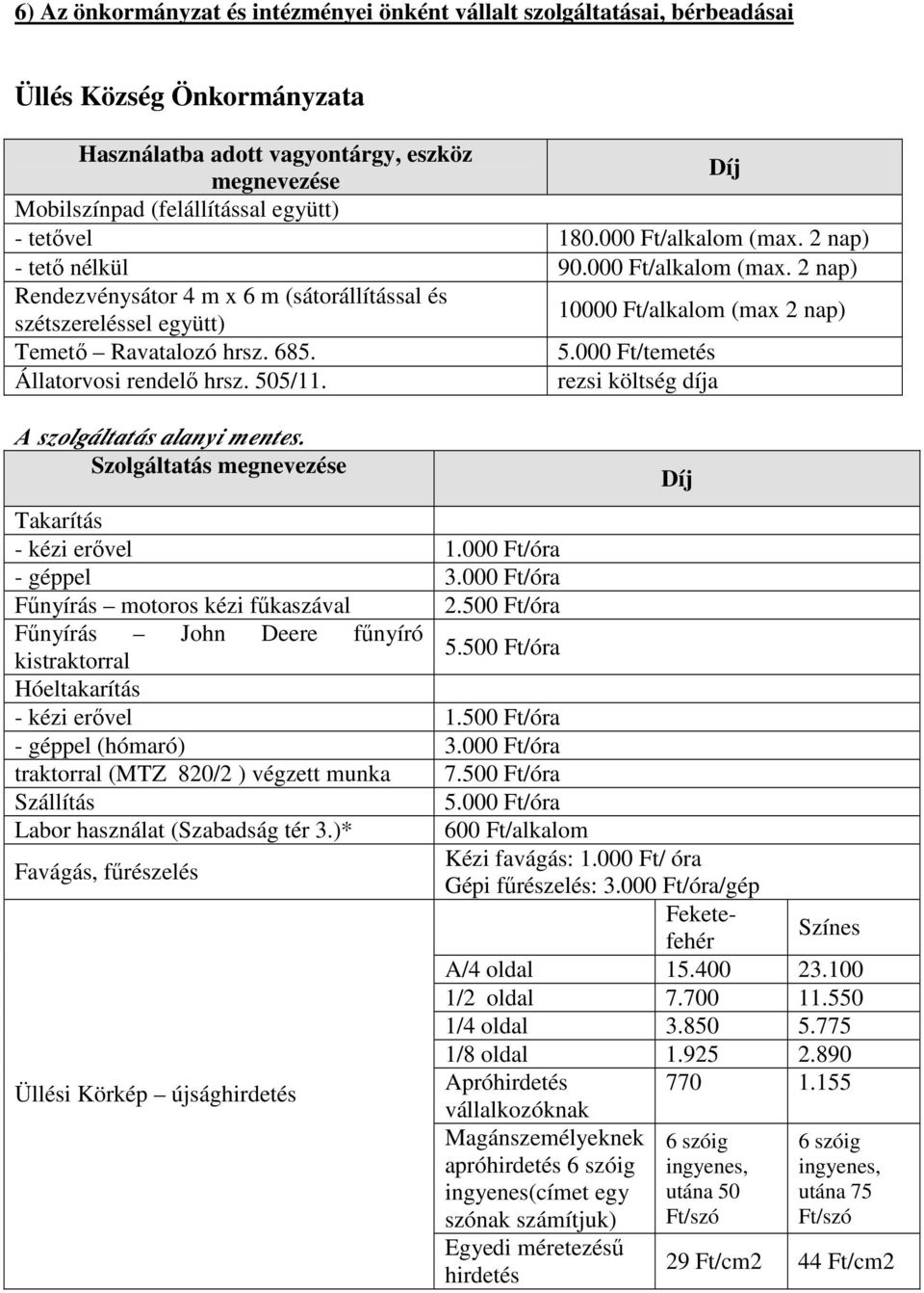 685. 5.000 Ft/temetés Állatorvosi rendelő hrsz. 505/11. rezsi költség díja A szolgáltatás alanyi mentes. Szolgáltatás megnevezése Takarítás - kézi erővel 1.000 Ft/óra - géppel 3.