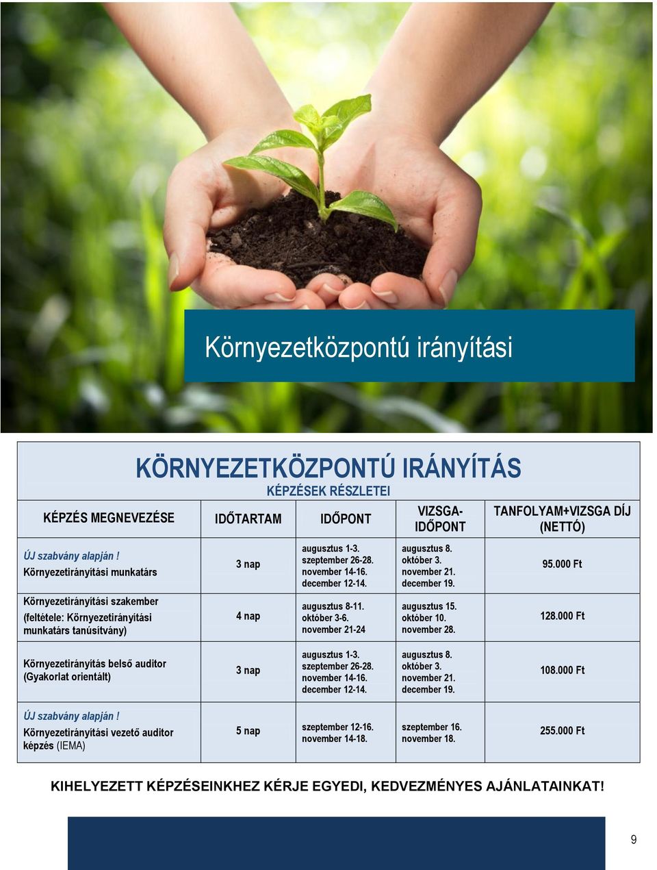 000 Ft Környezetirányítási szakember (feltétele: Környezetirányítási munkatárs tanúsítvány) 4 nap augusztus 8-11. október 3-6. november 21-24 augusztus 15. október 10. november 28. 128.