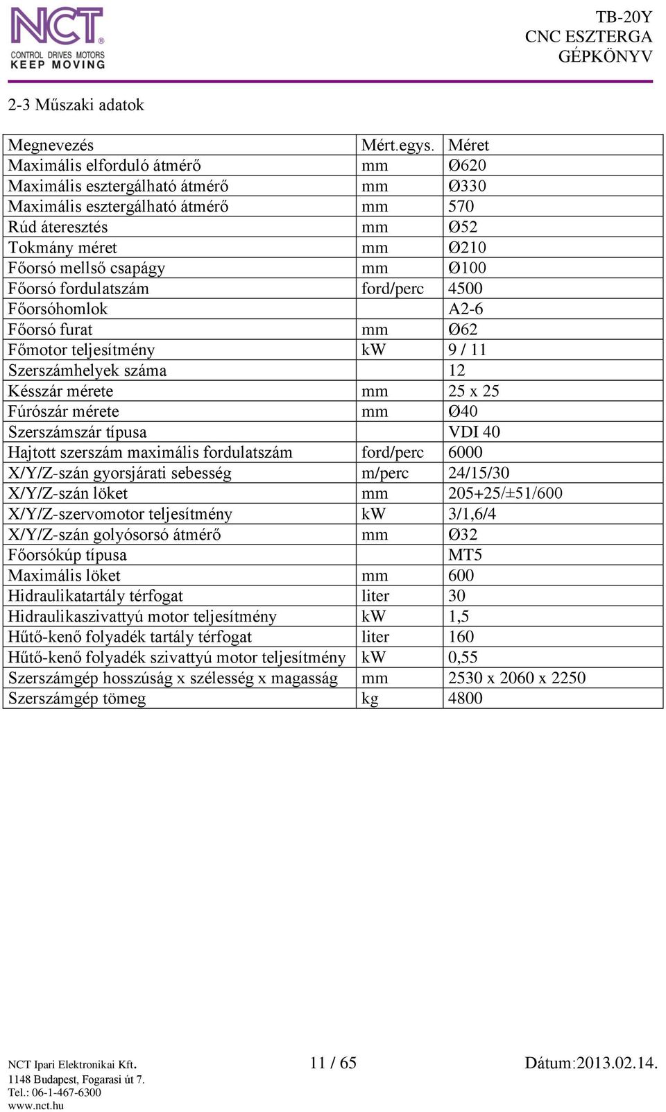 fordulatszám ford/perc 4500 Főorsóhomlok A2-6 Főorsó furat mm Ø62 Főmotor teljesítmény kw 9 / 11 Szerszámhelyek száma 12 Késszár mérete mm 25 x 25 Fúrószár mérete mm Ø40 Szerszámszár típusa VDI 40