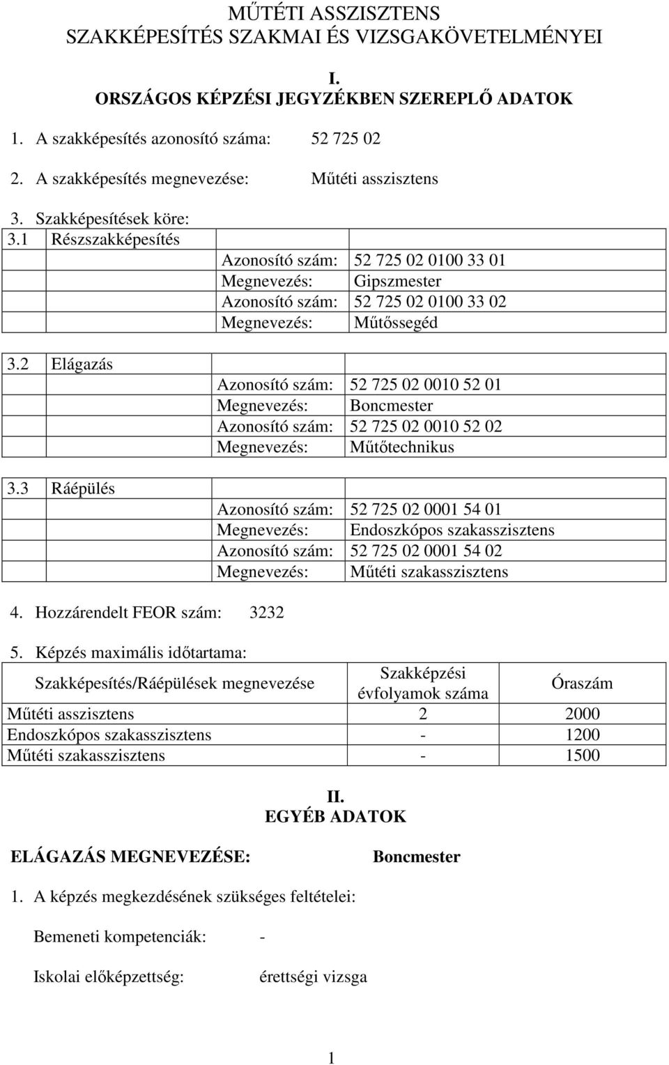 3 Ráépülés Azonosító szám: 52 725 02 0100 33 01 Megnevezés: Gipszmester Azonosító szám: 52 725 02 0100 33 02 Megnevezés: Műtőssegéd Azonosító szám: 52 725 02 0010 52 01 Megnevezés: Boncmester