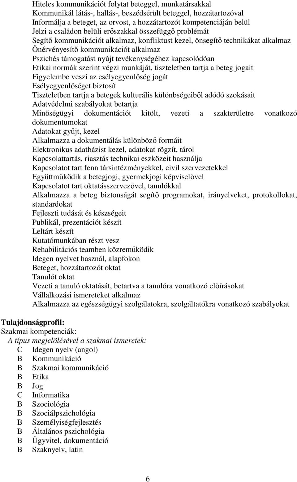 tevékenységéhez kapcsolódóan Etikai normák szerint végzi munkáját, tiszteletben tartja a beteg jogait Figyelembe veszi az esélyegyenlőség jogát Esélyegyenlőséget biztosít Tiszteletben tartja a