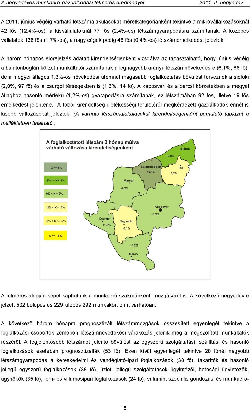 végéig a balatonboglári körzet munkáltatói számítanak a legnagyobb arányú létszámnövekedésre (6,1%, 68 fő), de a megyei átlagos 1,3%-os növekedési ütemnél magasabb foglalkoztatás bővülést terveznek a