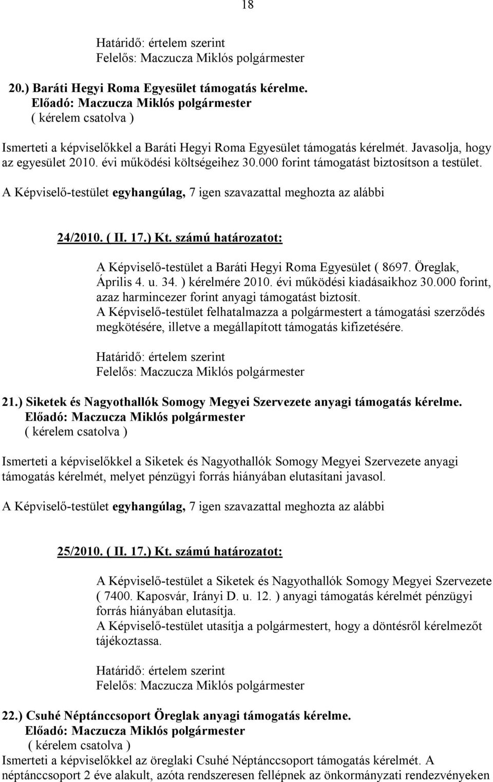 számú határozatot: A Képviselő-testület a Baráti Hegyi Roma Egyesület ( 8697. Öreglak, Április 4. u. 34. ) kérelmére 2010. évi működési kiadásaikhoz 30.