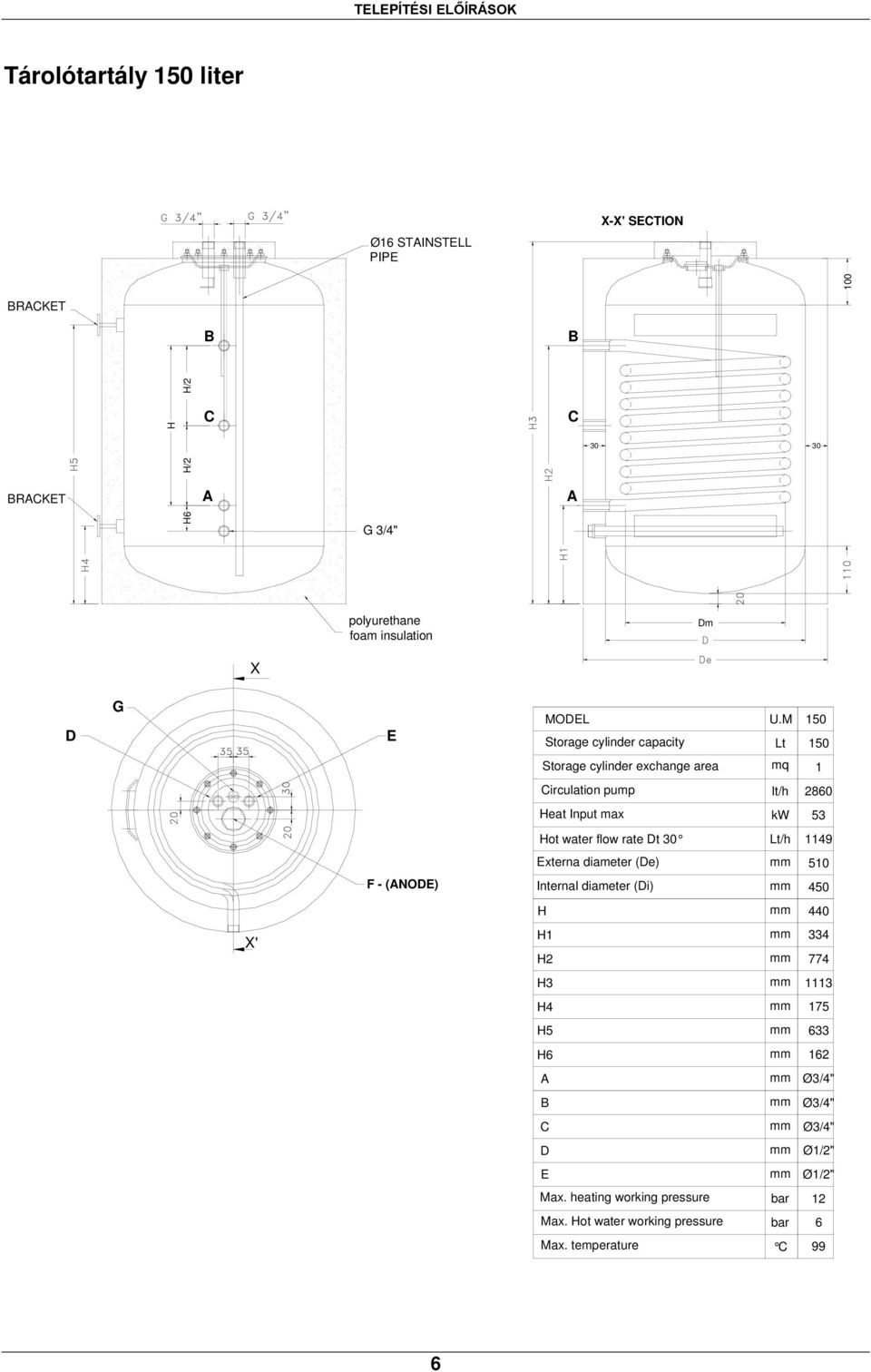 M 150 Storage cylinder capacity Lt 150 Storage cylinder exchange area mq 1 Circulation pump lt/h 2860 Heat Input max kw 53 Hot water flow rate Dt 30 Lt/h 1149