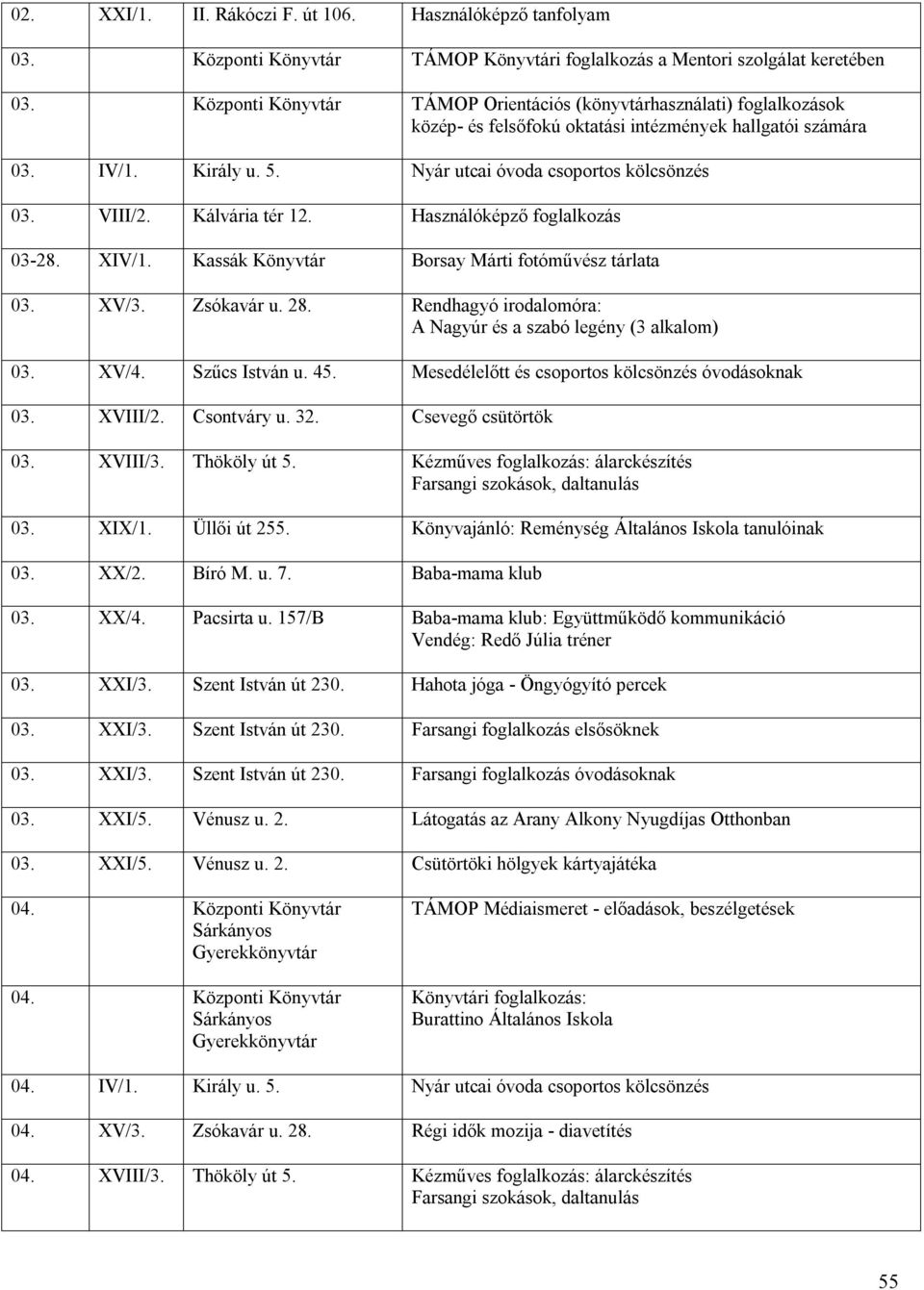 Kálvária tér 12. Használóképző foglalkozás 03-28. XIV/1. Kassák Borsay Márti fotóművész tárlata 03. XV/3. Zsókavár u. 28. Rendhagyó irodalomóra: A Nagyúr és a szabó legény (3 alkalom) 03. XV/4.