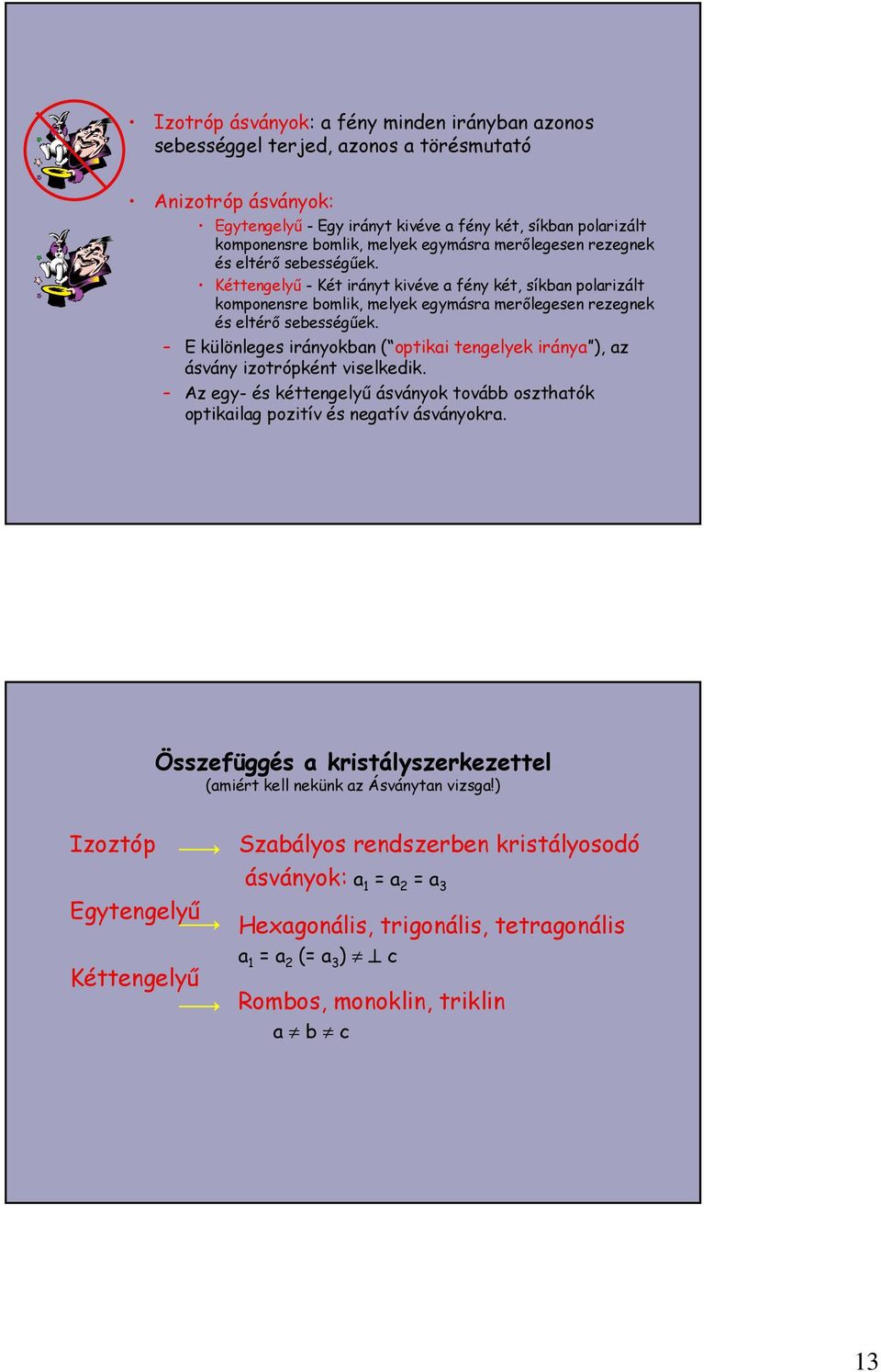 E különleges irányokban ( optikai tengelyek iránya ), az ásvány izotrópként viselkedik. Az egy- és kéttengelyő ásványok tovább oszthatók optikailag pozitív és negatív ásványokra.