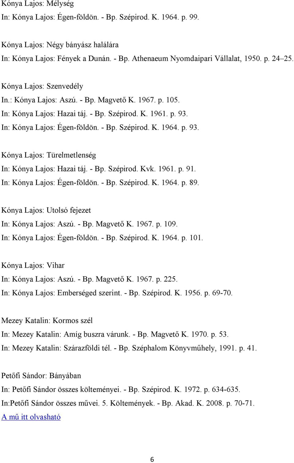 - Bp. Szépirod. Kvk. 1961. p. 91. In: Kónya Lajos: Égen-földön. - Bp. Szépirod. K. 1964. p. 89. Kónya Lajos: Utolsó fejezet In: Kónya Lajos: Aszú. - Bp. Magvető K. 1967. p. 109.