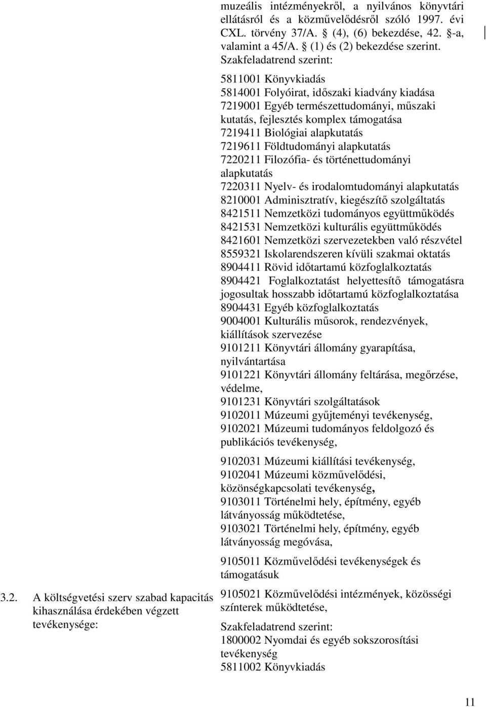 Szakfeladatrend szerint: 5811001 Könyvkiadás 5814001 Folyóirat, időszaki kiadvány kiadása 7219001 Egyéb természettudományi, műszaki kutatás, fejlesztés komplex támogatása 7219411 Biológiai