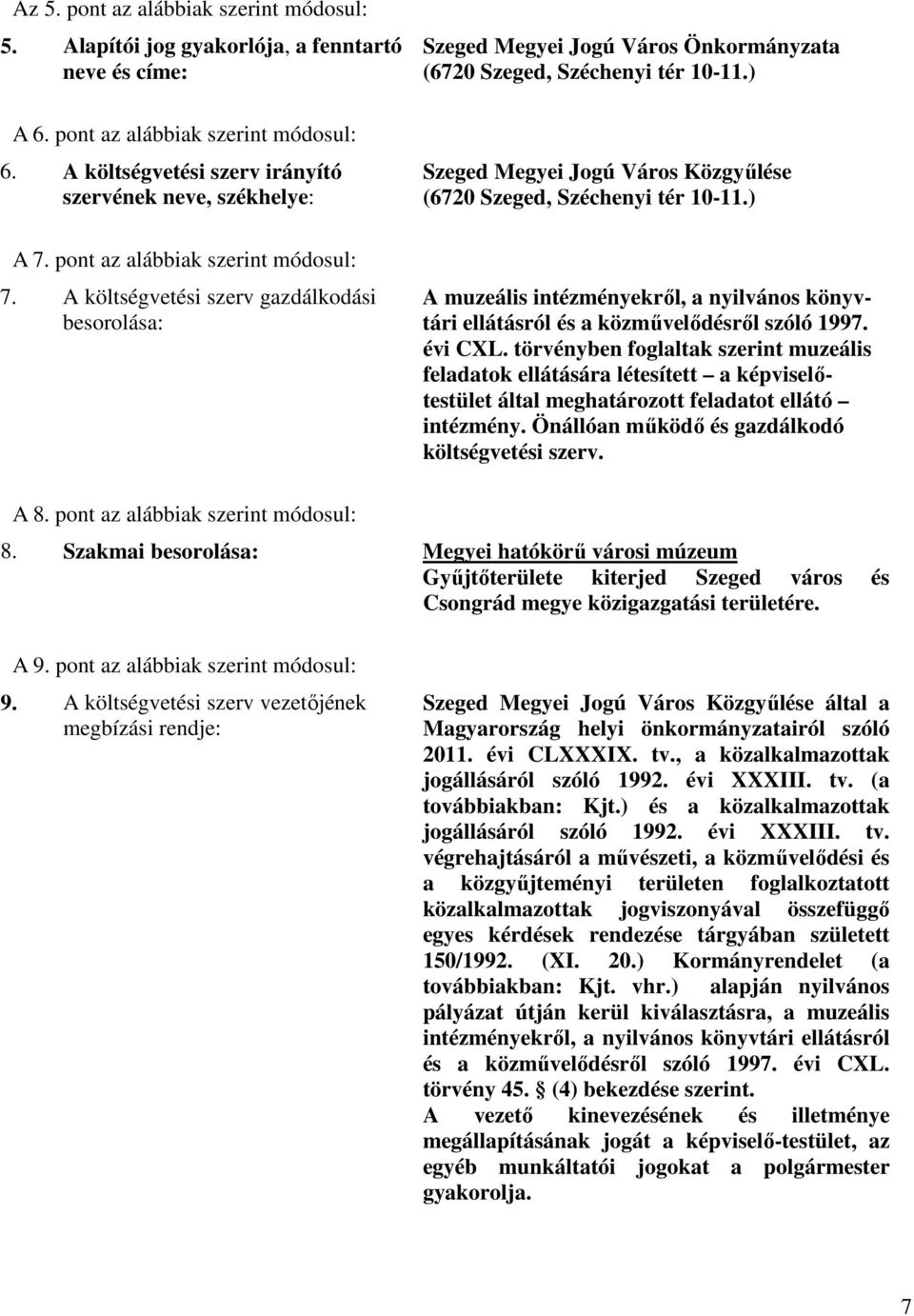 ) Szeged Megyei Jogú Város Közgyűlése (6720 Szeged, Széchenyi tér 10-11.) A muzeális intézményekről, a nyilvános könyvtári ellátásról és a közművelődésről szóló 1997. évi CXL.