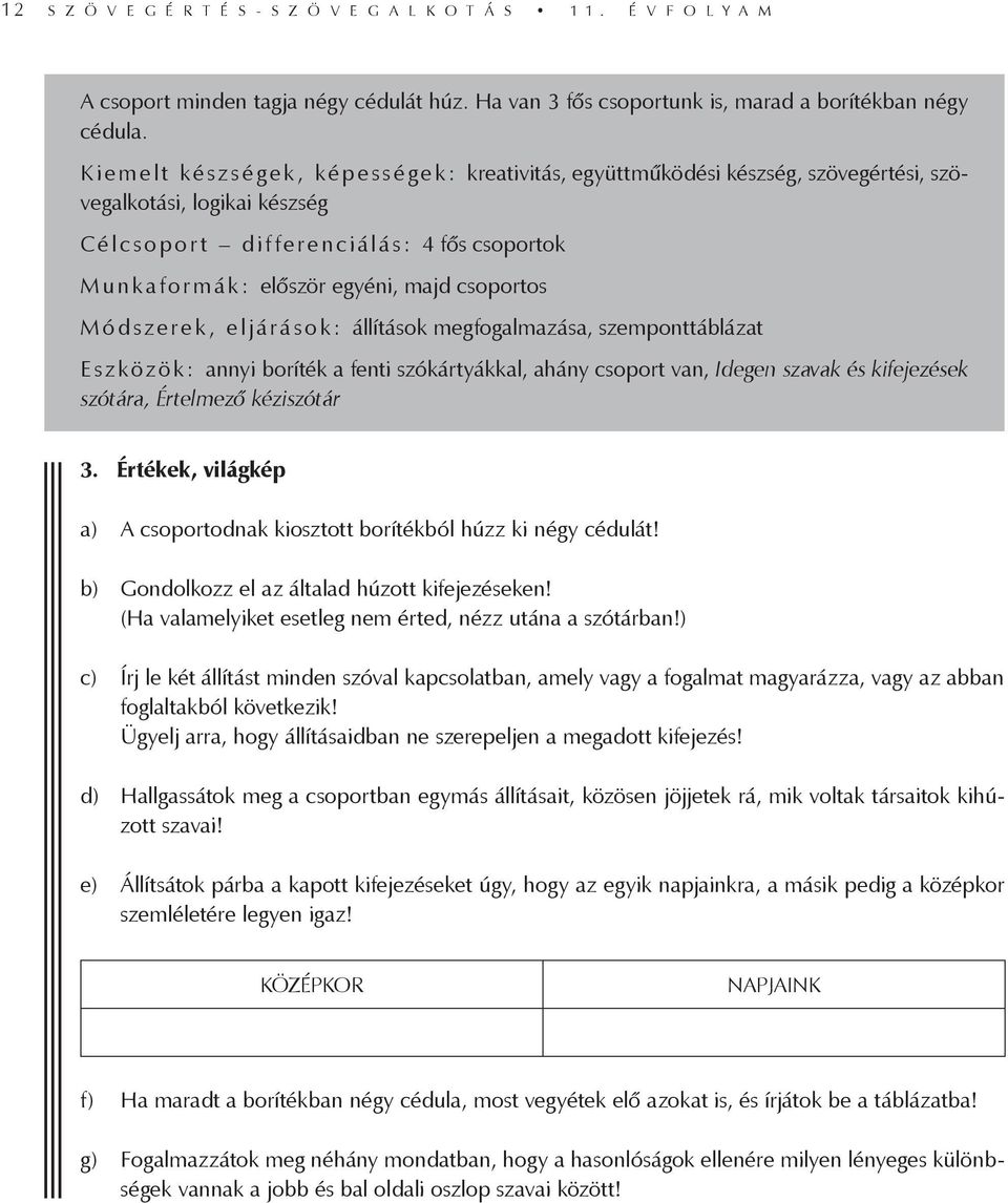 csoportos M ó d s zerek, e ljárá s o k: állítások megfogalmazása, szemponttáblázat E s zközö k: annyi boríték a fenti szókártyákkal, ahány csoport van, Idegen szavak és kifejezések szótára, Értelmező