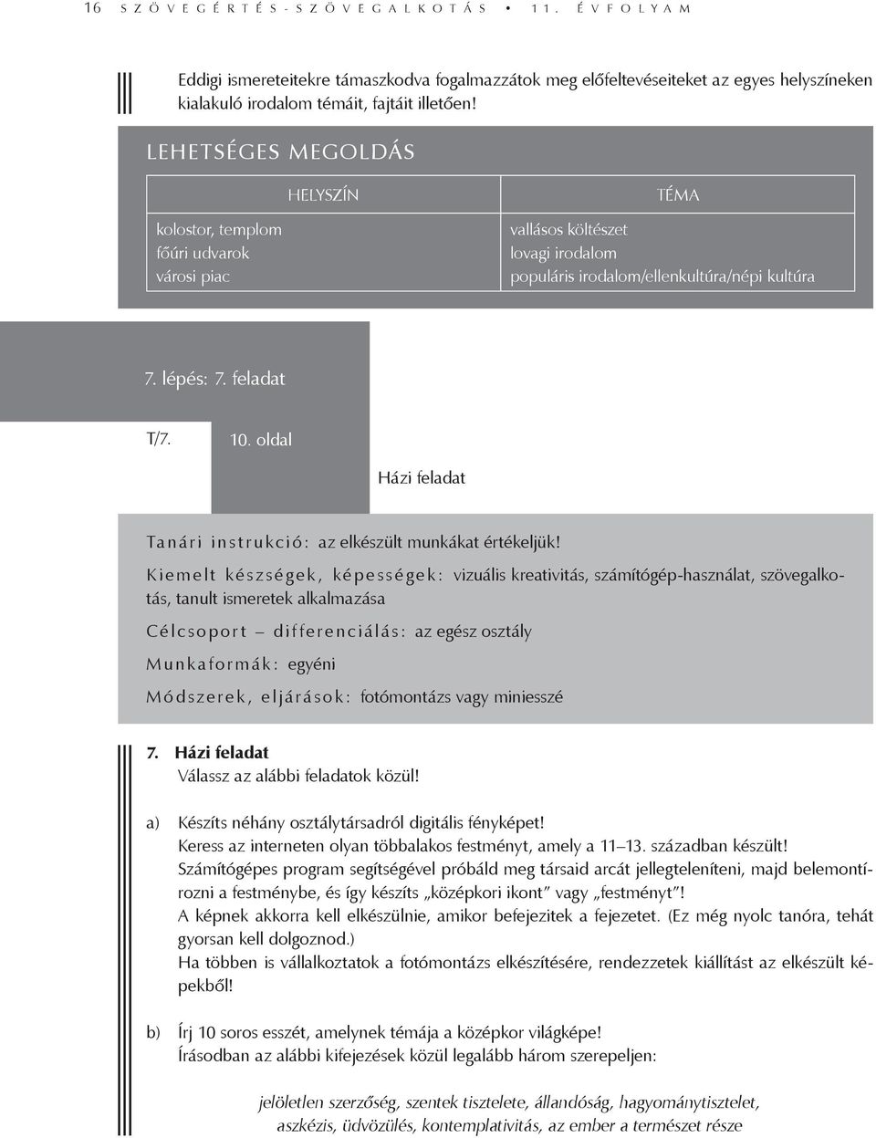 LEHETSÉGES MEGOLDÁS HELYSZÍN TÉMA kolostor, templom főúri udvarok városi piac vallásos költészet lovagi irodalom populáris irodalom/ellenkultúra/népi kultúra 7. lépés: 7. feladat T/7. 10.