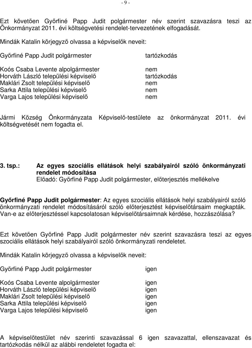 Attila települési képviselő Varga Lajos települési képviselő tartózkodás nem tartózkodás nem nem nem Jármi Község Önkormányzata Képviselő-testülete az önkormányzat 2011.