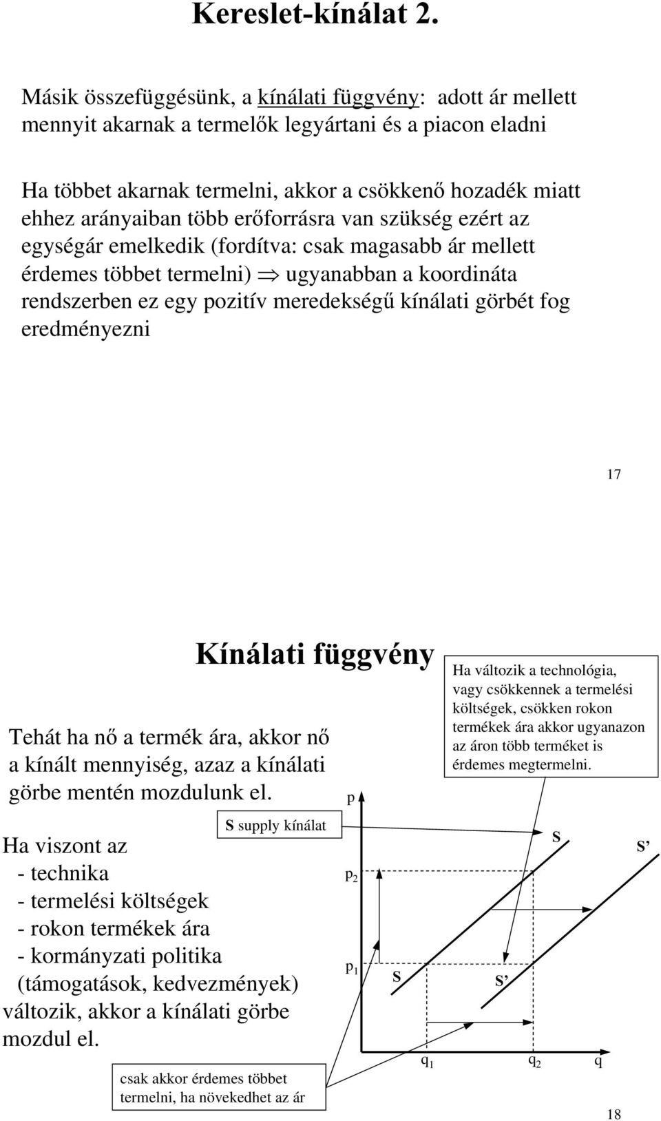 forrásra van szükség ezért az egységár emelkedik (fordítva: csak magasabb ár mellett érdemes többet termelni) ugyanabban a koordináta rendszerben ez egy pozitív meredekség kínálati görbét fog