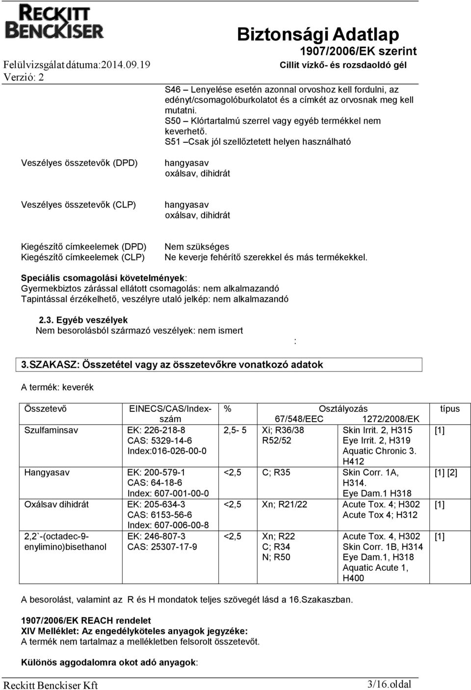 S51 Csak jól szellőztetett helyen használható hangyasav oxálsav, dihidrát Veszélyes összetevők (CLP) hangyasav oxálsav, dihidrát Kiegészítő címkeelemek (DPD) Kiegészítő címkeelemek (CLP) Nem