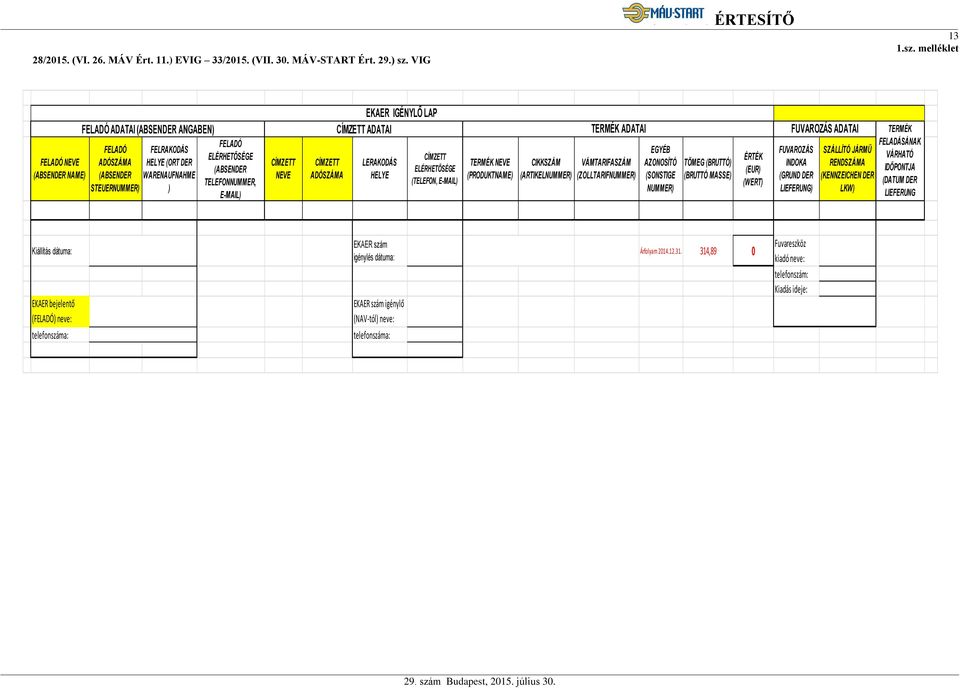 melléklet FELADÓ NEVE (ABSENDER NAME) EKAER IGÉNYLŐ LAP FELADÓ ADATAI (ABSENDER ANGABEN) CÍMZETT ADATAI TERMÉK ADATAI FUVAROZÁS ADATAI TERMÉK FELADÓ ADÓSZÁMA (ABSENDER STEUERNUMMER) FELRAKODÁS HELYE