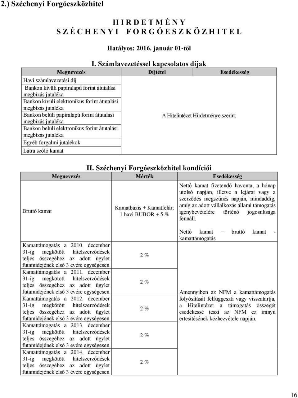 papíralapú forint átutalási Bankon belüli elektronikus forint átutalási Egyéb forgalmi jutalékok Látra szóló kamat Bruttó kamat A Hitelintézet Hirdetménye szerint II.